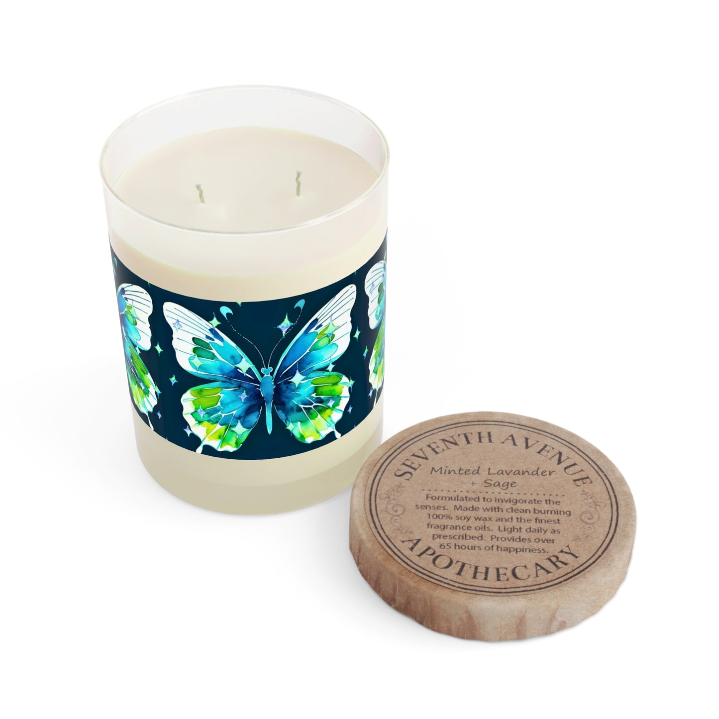 Twilight Awakening Blue Butterfly Watercolor Aromatherapy Essential Oils Natural Decorative Scented Candle - Full Glass, 11oz