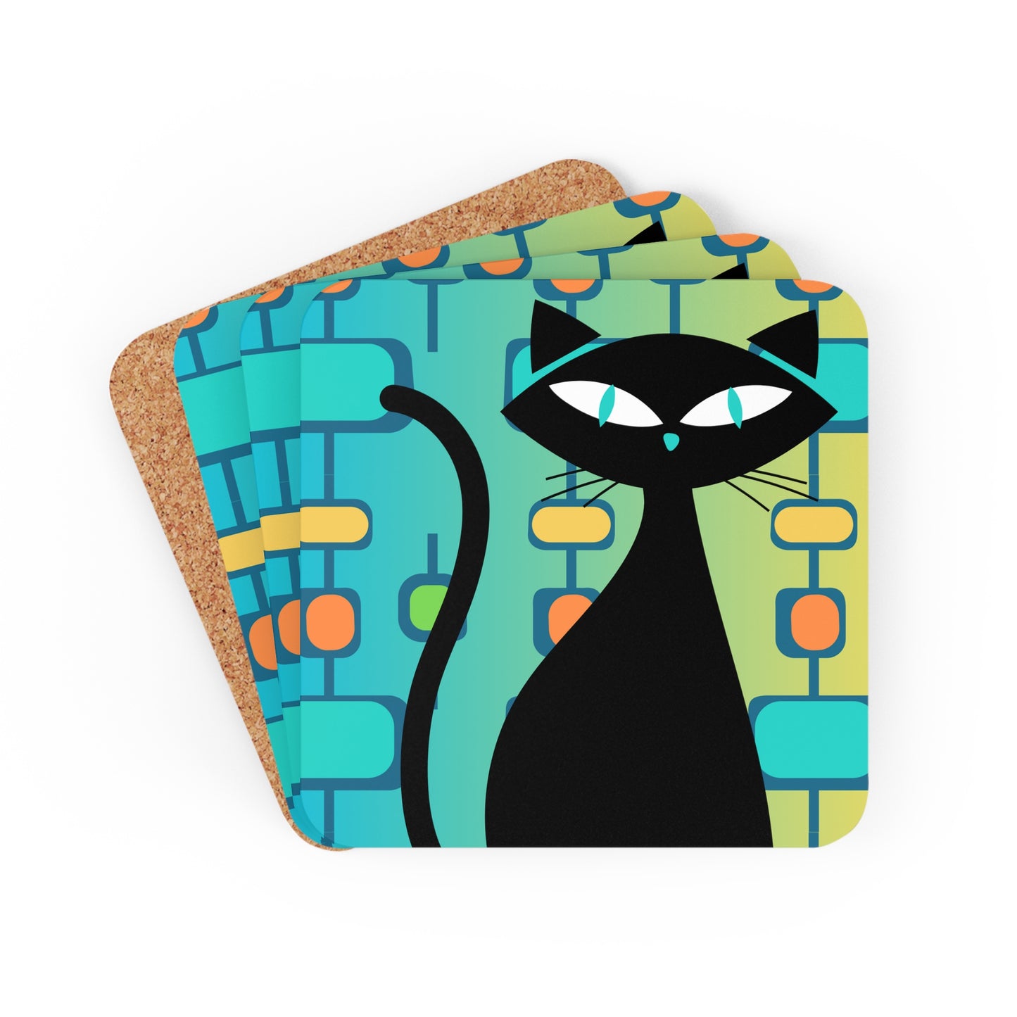 Atomic Cat Midcentury Modern Cocktail Corkwood Coaster Set