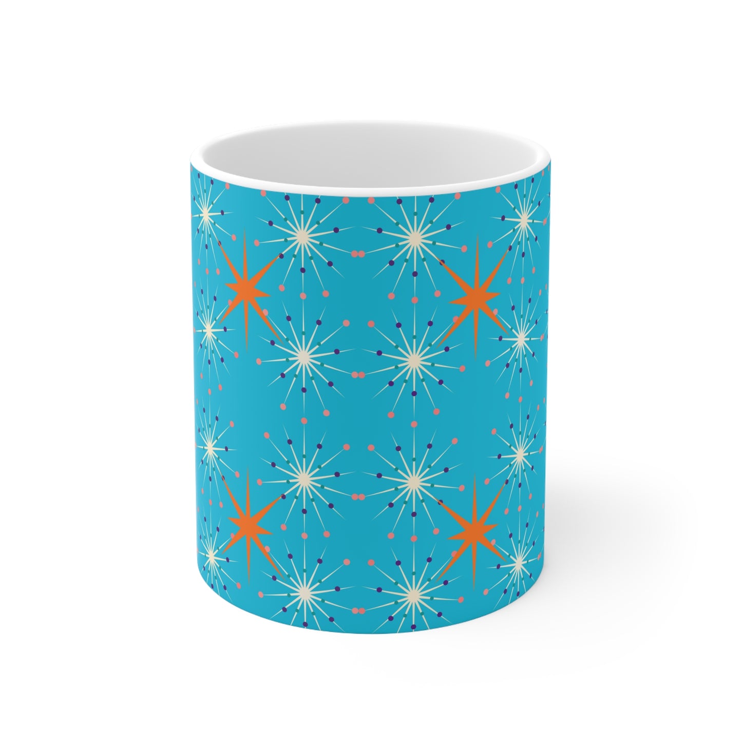 Midcentury Modern Atomic Stars Turquoise Pattern Hot Beverage Coffee Tea Decorative Ceramic Mug 11oz