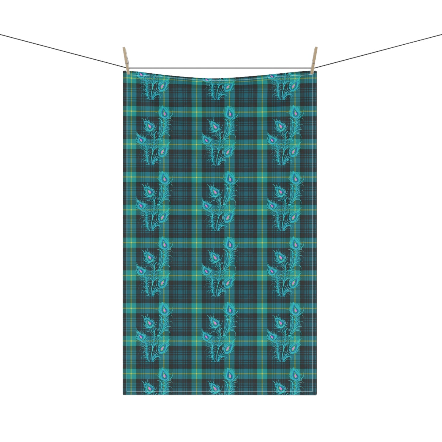 Tartan Plaid Peacock Feather Decorative Kitchen Tea Towel/Bar Towel
