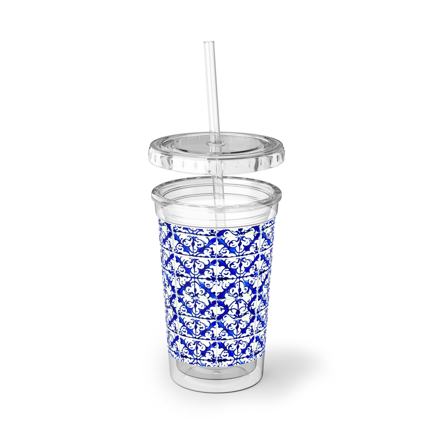 Blue and White Iron Gate Pattern Vintage Portugal Beverage Travel Suave Acrylic Cup