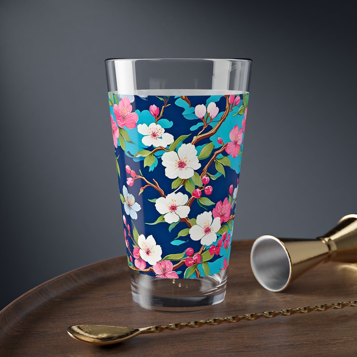 Cherry Blossoms Japanese Floral Cocktail Party Highball Beverage Juice Ice Tea Entertaining Mixing Glass, 16oz