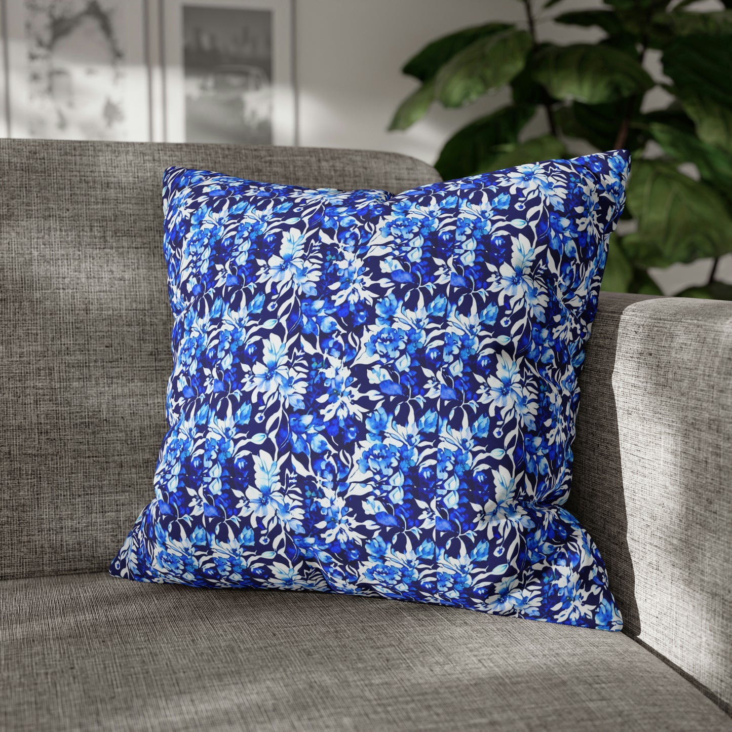 Blue Watercolor Dreams Flowers Decorative Spun Polyester Pillow Cover