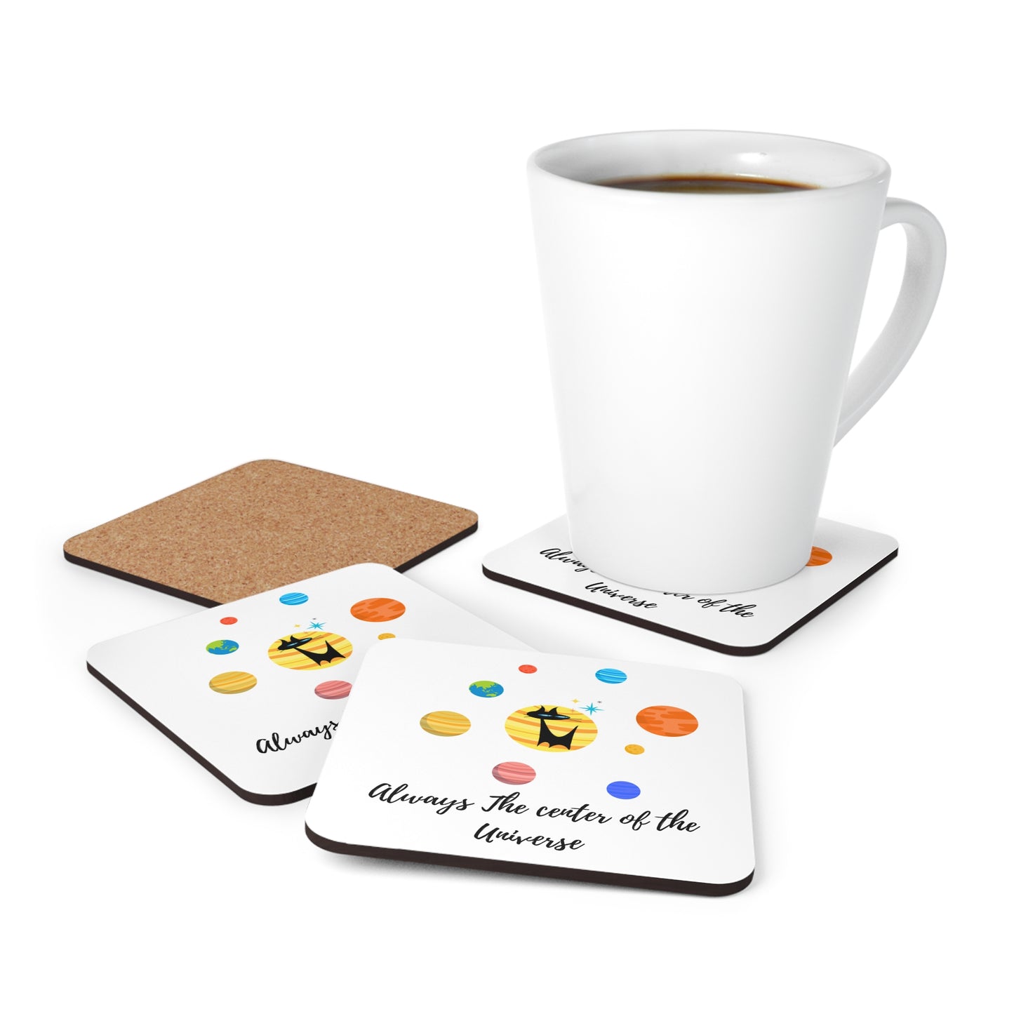 Always the Center of the Universe Midcentury Modern Atomic Cat Planets Cocktail Beverage Entertaining Cork Coaster Set