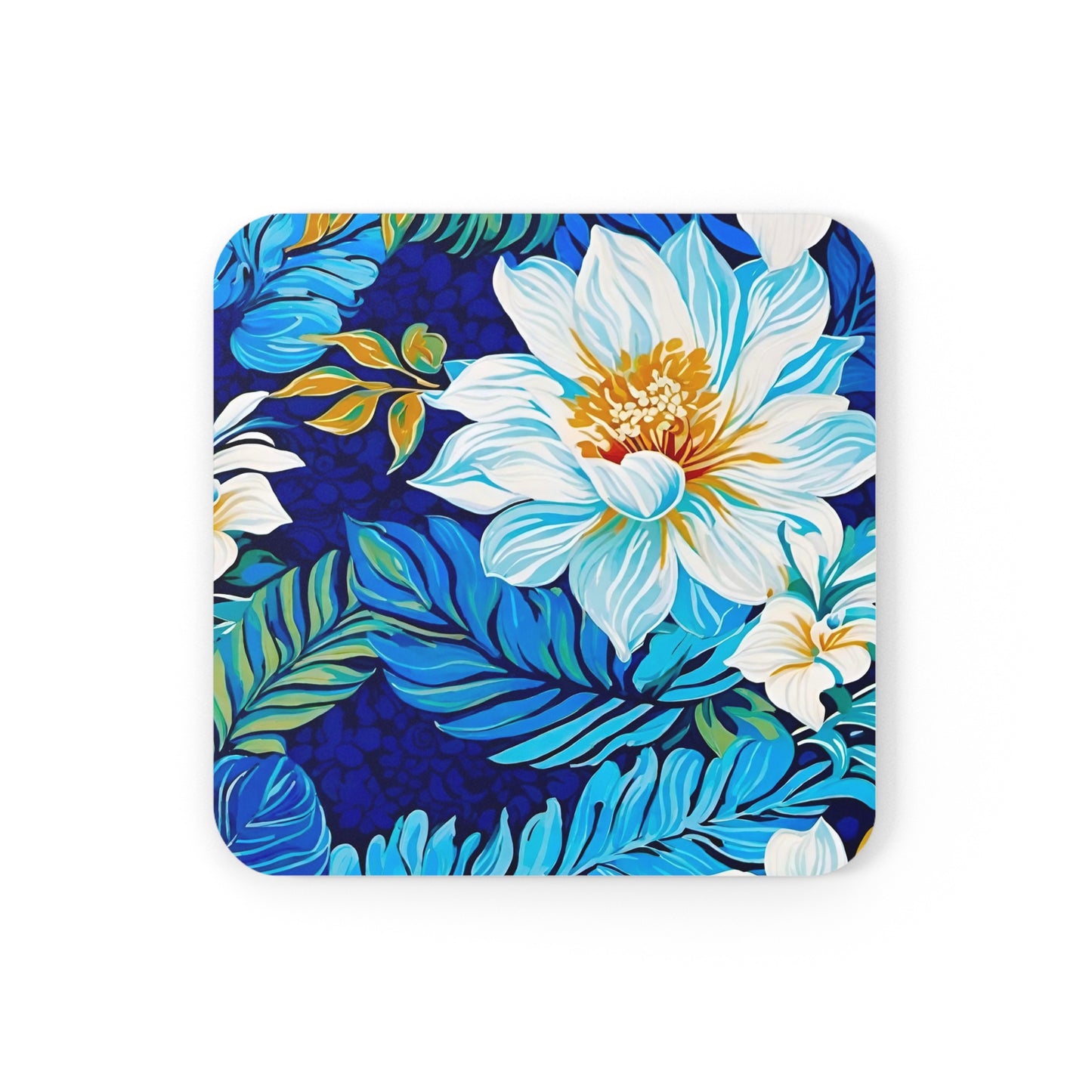 Hawaiian White Orchid Tropical Paradise Luau Cocktail Party Beverage Entertaining Corkwood Coaster Set