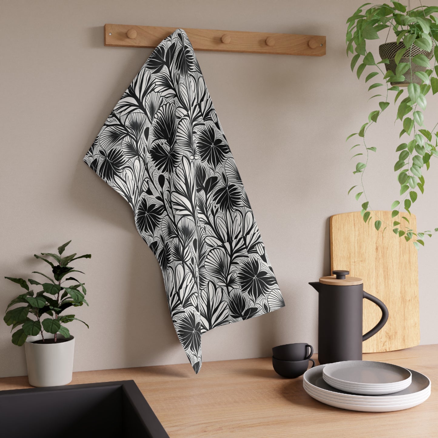 Tropical Scandinavian Flower Pattern Black and White 1970s Style Illustration Minimalist Decorative Kitchen Tea Towel/Bar Towel