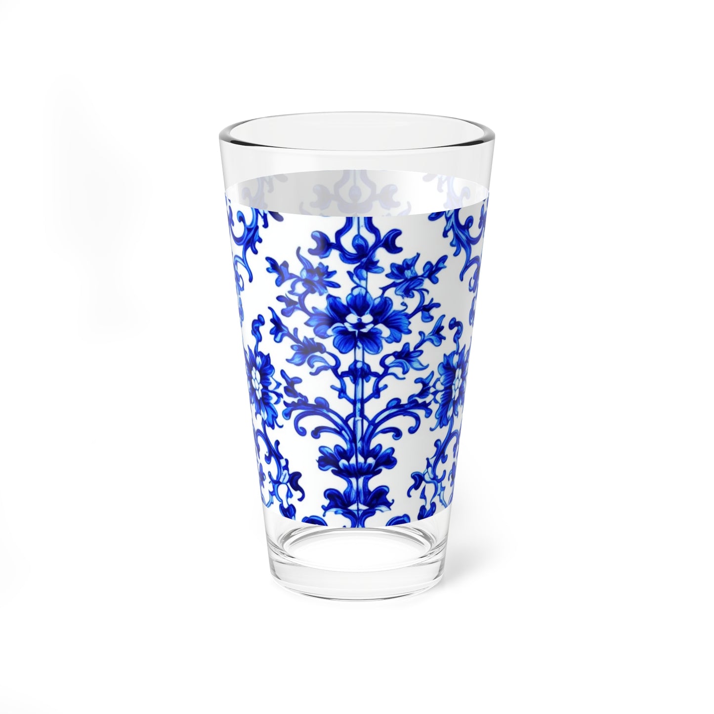 Portuguese Blue and White Tile Pattern Cocktail Party Tea Beverage Entertaining Mixing Glass, 16oz
