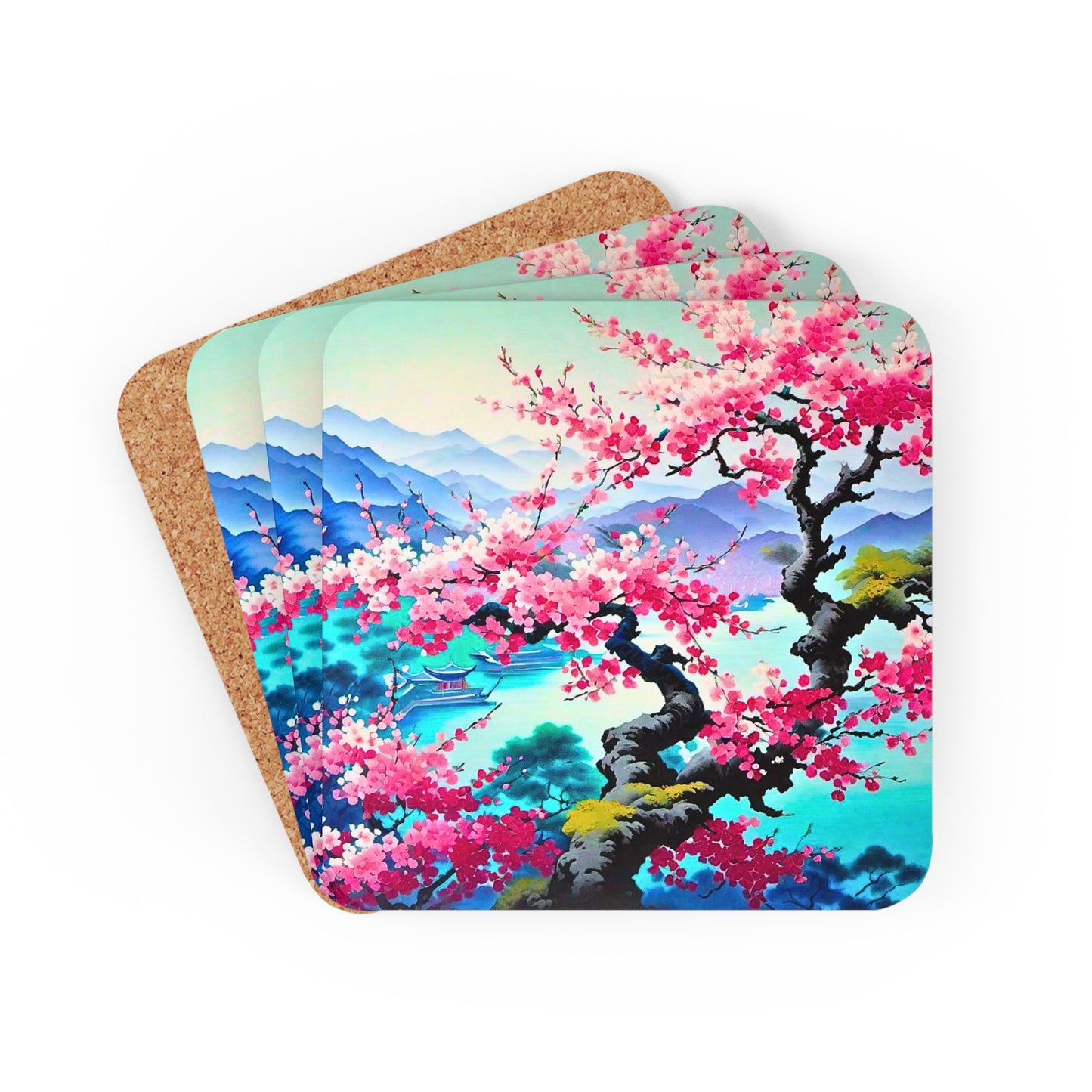 Japanese Mist Cherry Blossom Tree Dream Asian Cocktail Party Entertaining Beverage Corkwood Coaster Set