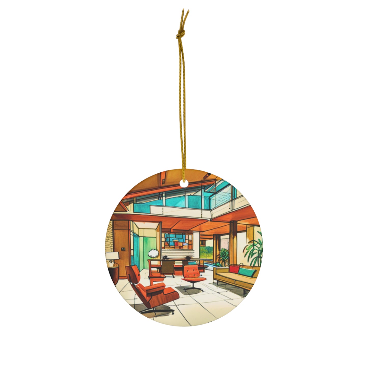 Atrium Sunroom Midcentury Modern Architect Interior Designer Rendering Turquoise Ceramic Ornament