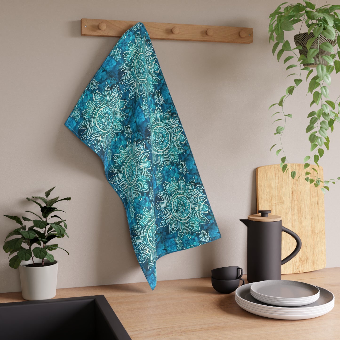 Teal Abundance Flower Batik Sumatra Decorative Kitchen Tea Towel/Bar Towel