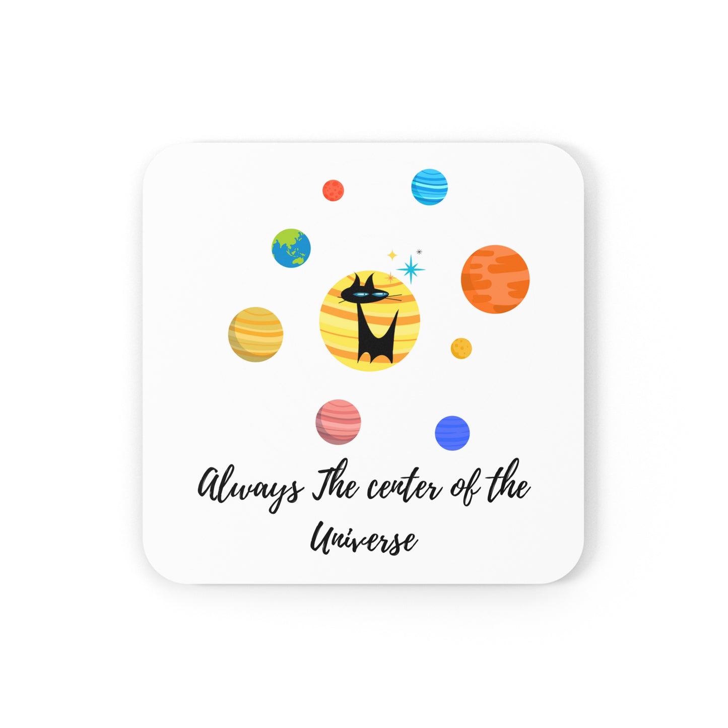 Always the Center of the Universe Midcentury Modern Atomic Cat Planets Cocktail Beverage Entertaining Cork Coaster Set