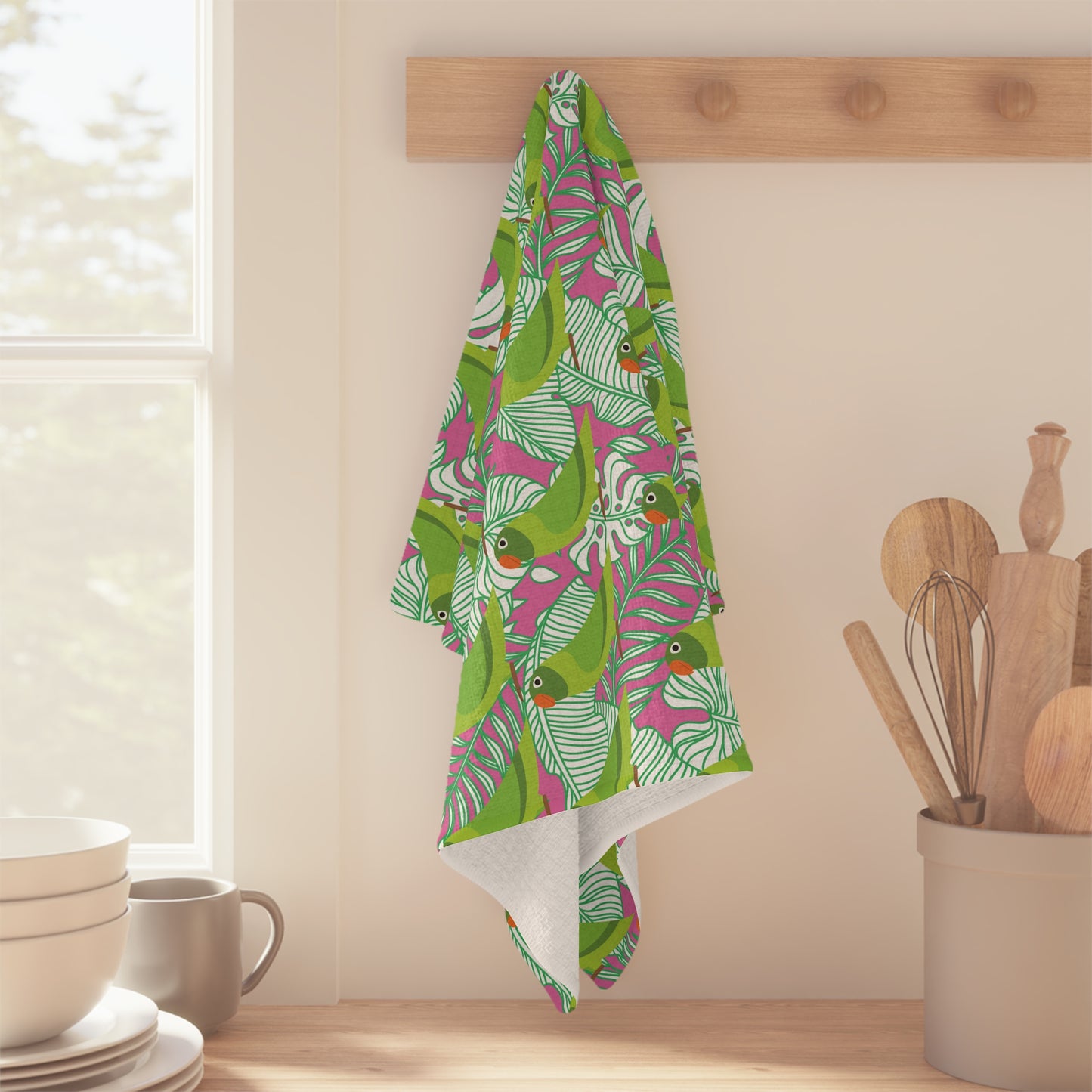 Parrots of Palm Beach Tropical Hot Pink Cocktail Party Birds Decorative Microfiber Waffle Tea Towel/Bar Towel