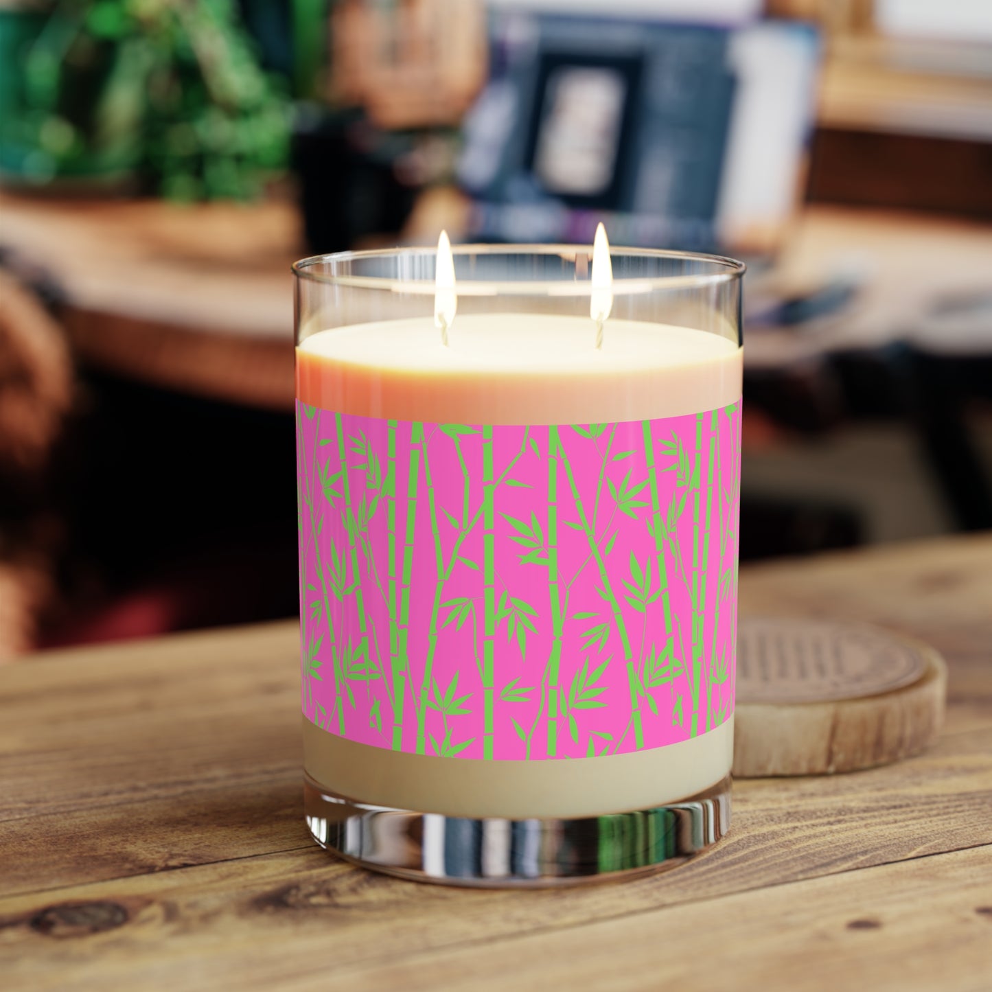 Bamboo Zen Meditation Garden Hot Pink Lime Green Aromatherapy Essential Oils Natural Decorative Scented Candle - Full Glass, 11oz