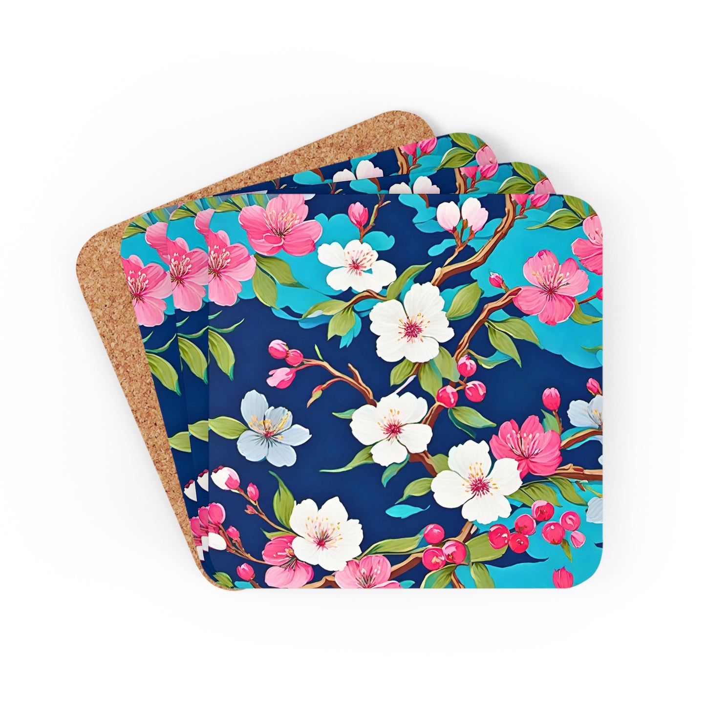 Cherry Blossoms Japanese Floral Cocktail Party Beverage Entertaining Corkwood Coaster Set