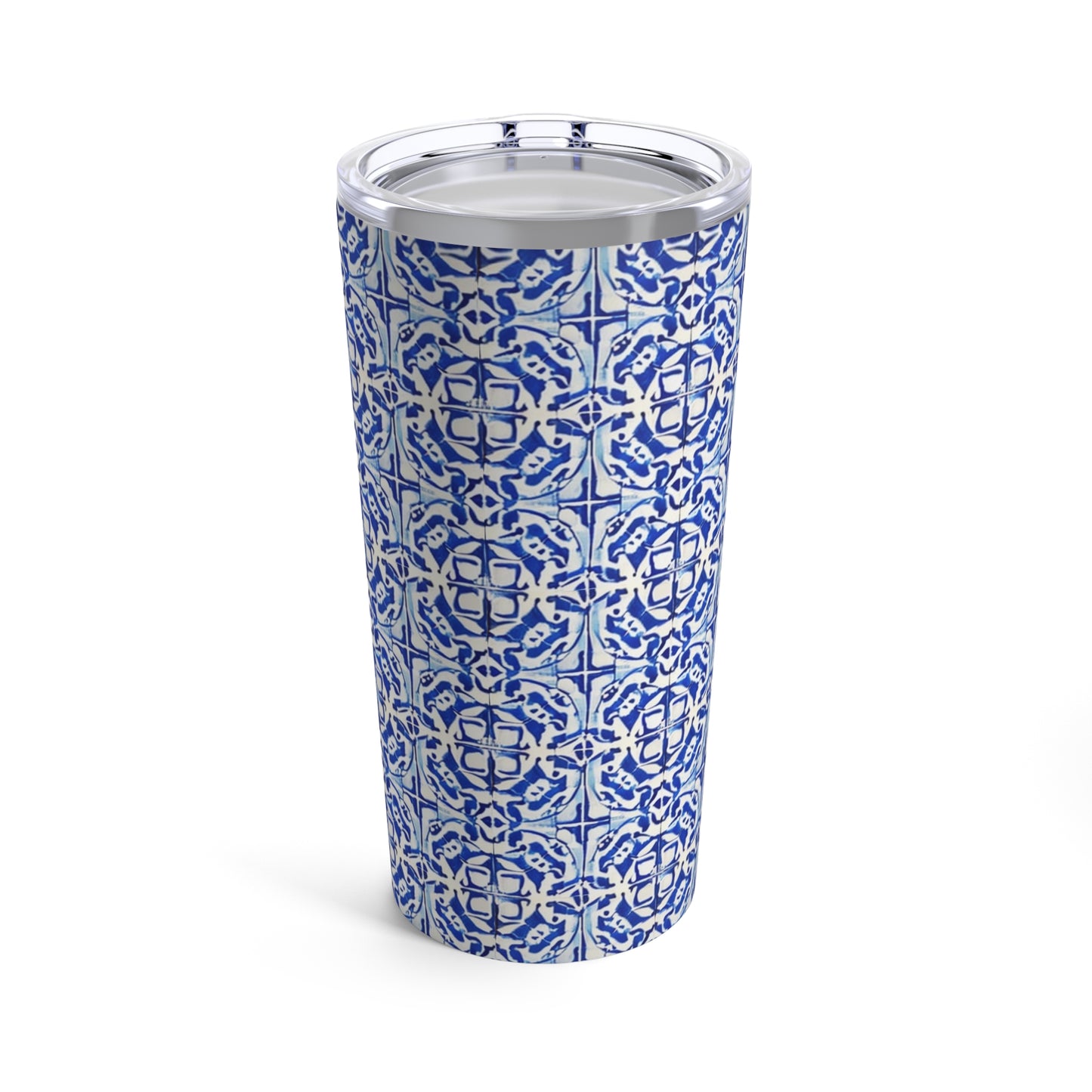 Delft Antique Blue and White Geometric Pattern Tile Hot and Cold Beverage Travel Tumbler 20oz