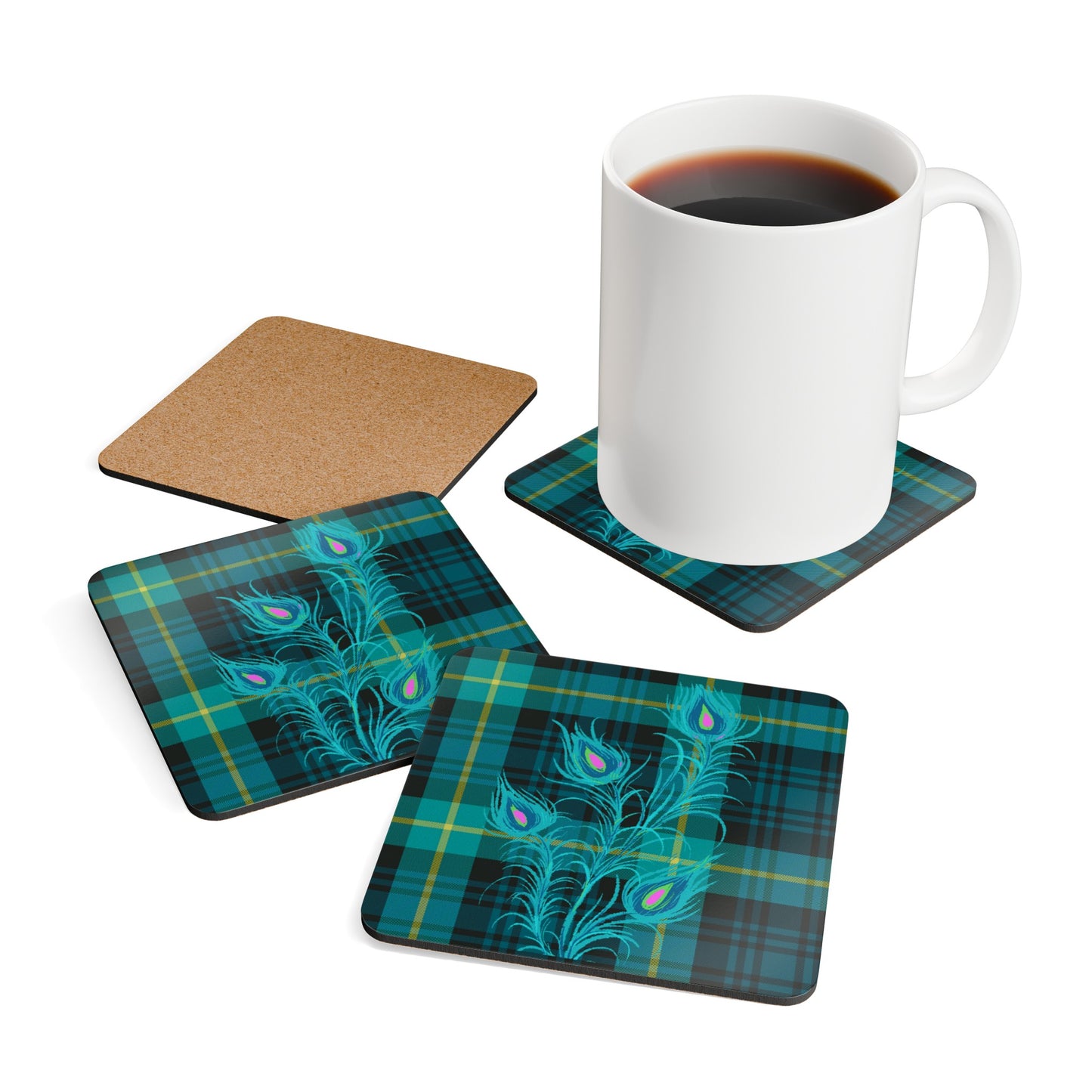Plaid Peacock Cocktail Beverage Entertaining Corkwood Coaster Set