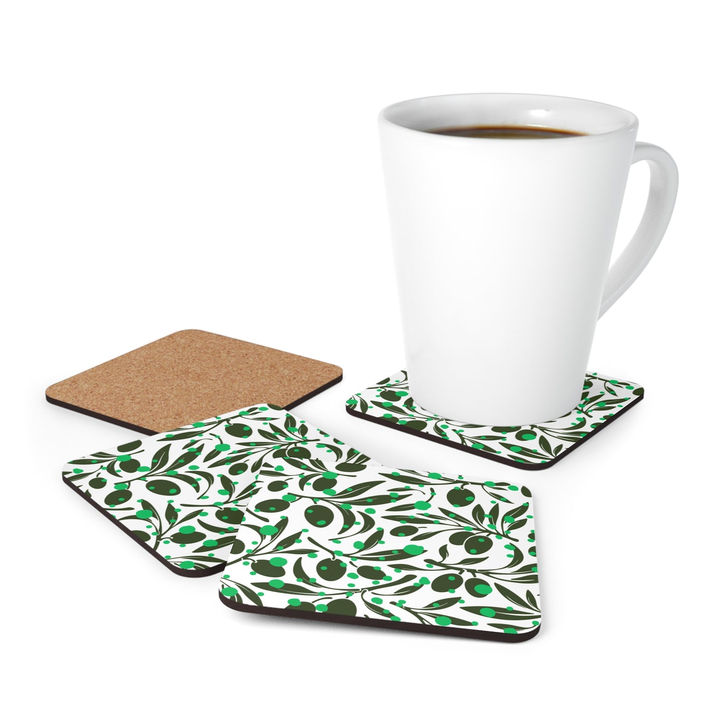 Olive Branches Midcentury Modern Black and Green Pattern Decorative Cocktail Wine Party Entertaining Corkwood Coaster Set
