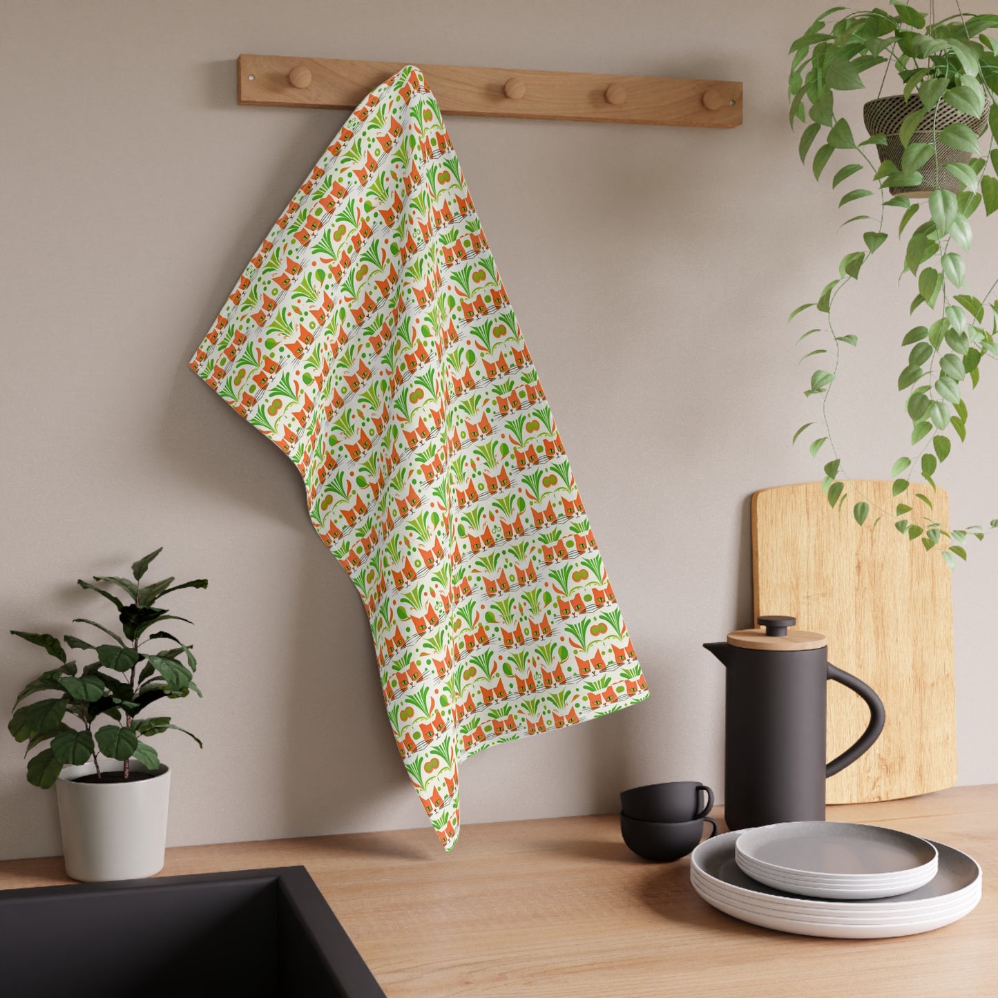 Orange Tabby Cats in the Grass Midcentury Modern Pattern Kitchen Tea Towel/Bar Towel