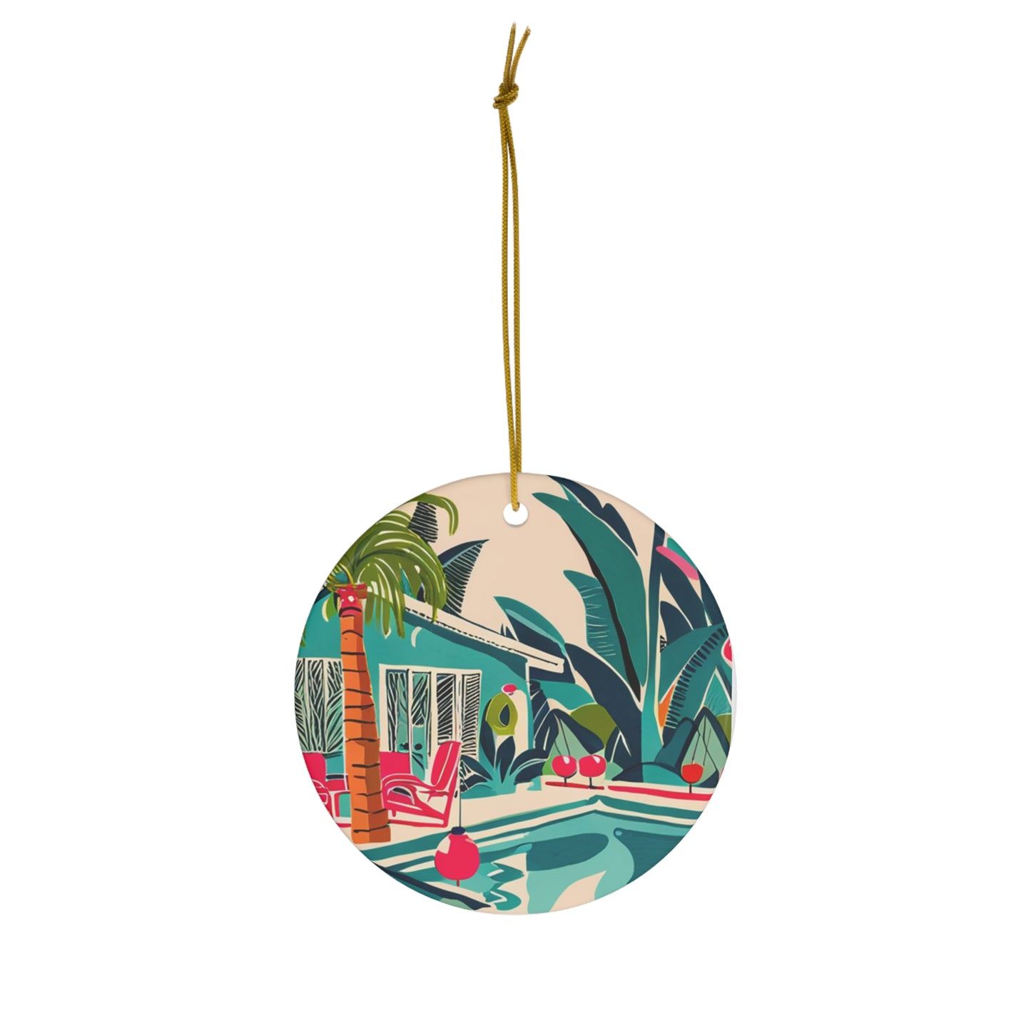 Miami Winter Poolside Midcentury Modern Palm Trees Tropical Flowers 1950 Illustration Ceramic Ornament