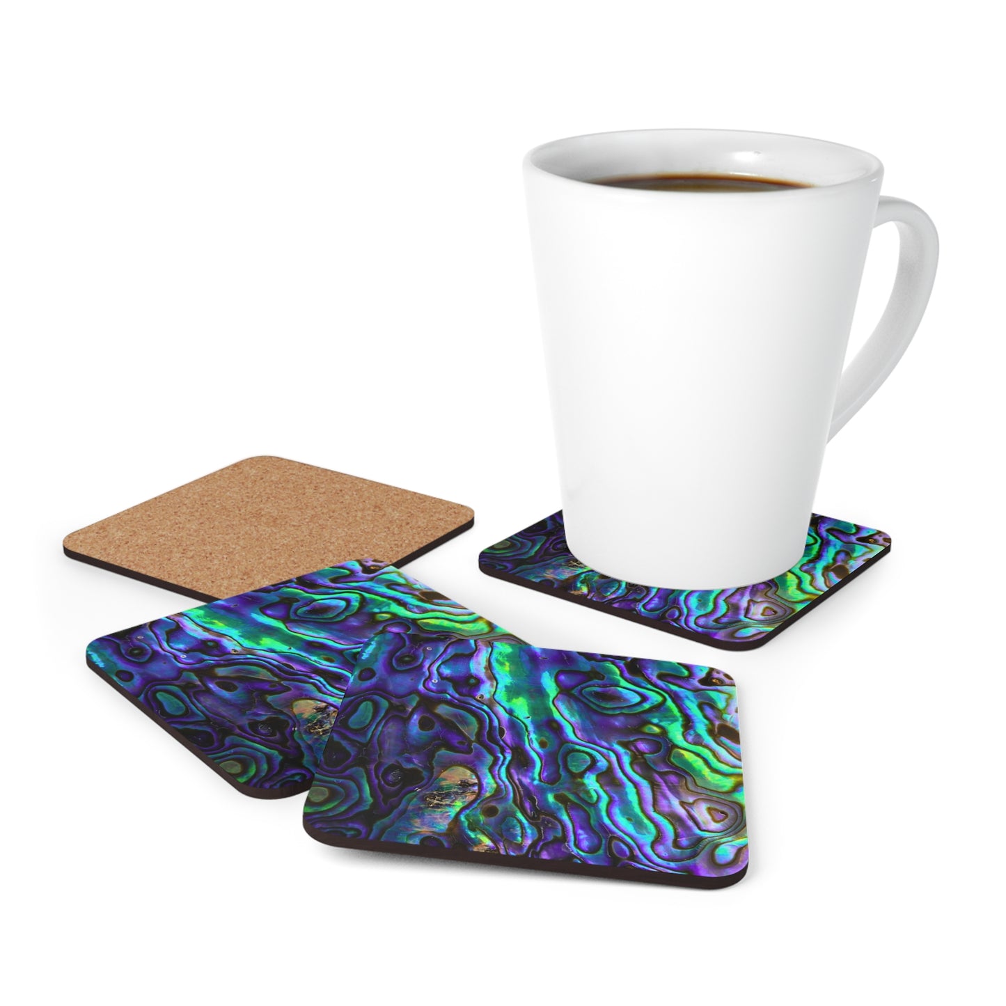 Abalone Jewels Natural Shell Ocean Abstract Cocktail Party Beverage Entertaining Decorative Corkwood Coaster Set