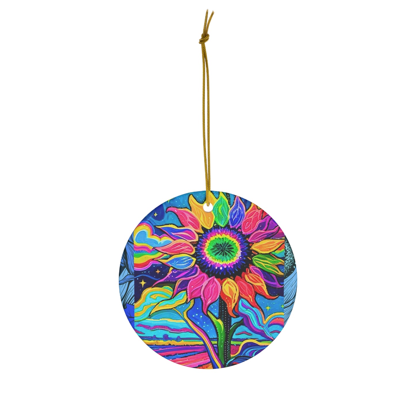 Electric Sunflower Collage Ceramic Ornament
