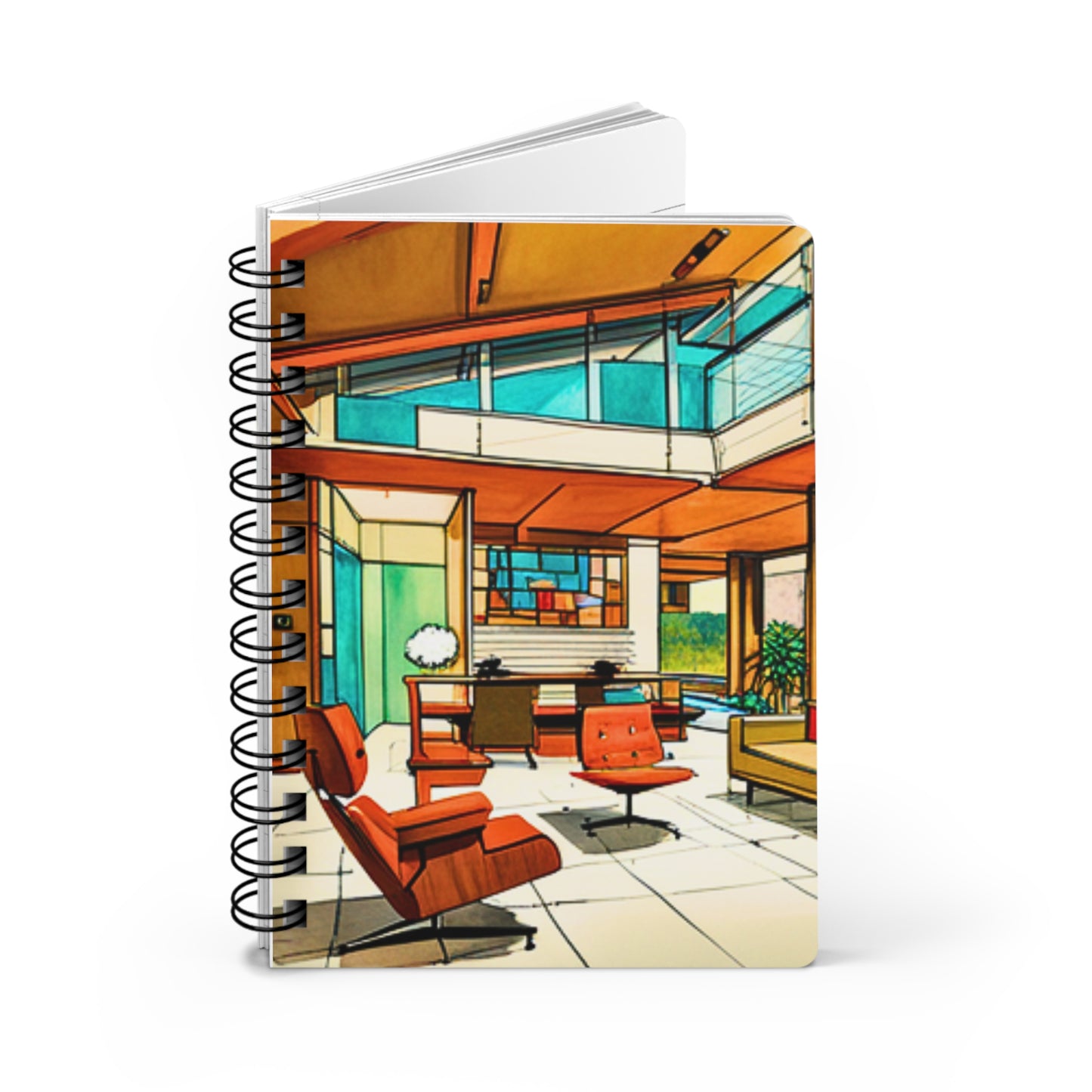 Atrium Sunroom Midcentury Modern Architect Interior Designer Rendering Turquoise Writing Sketching Spiral Bound Journal