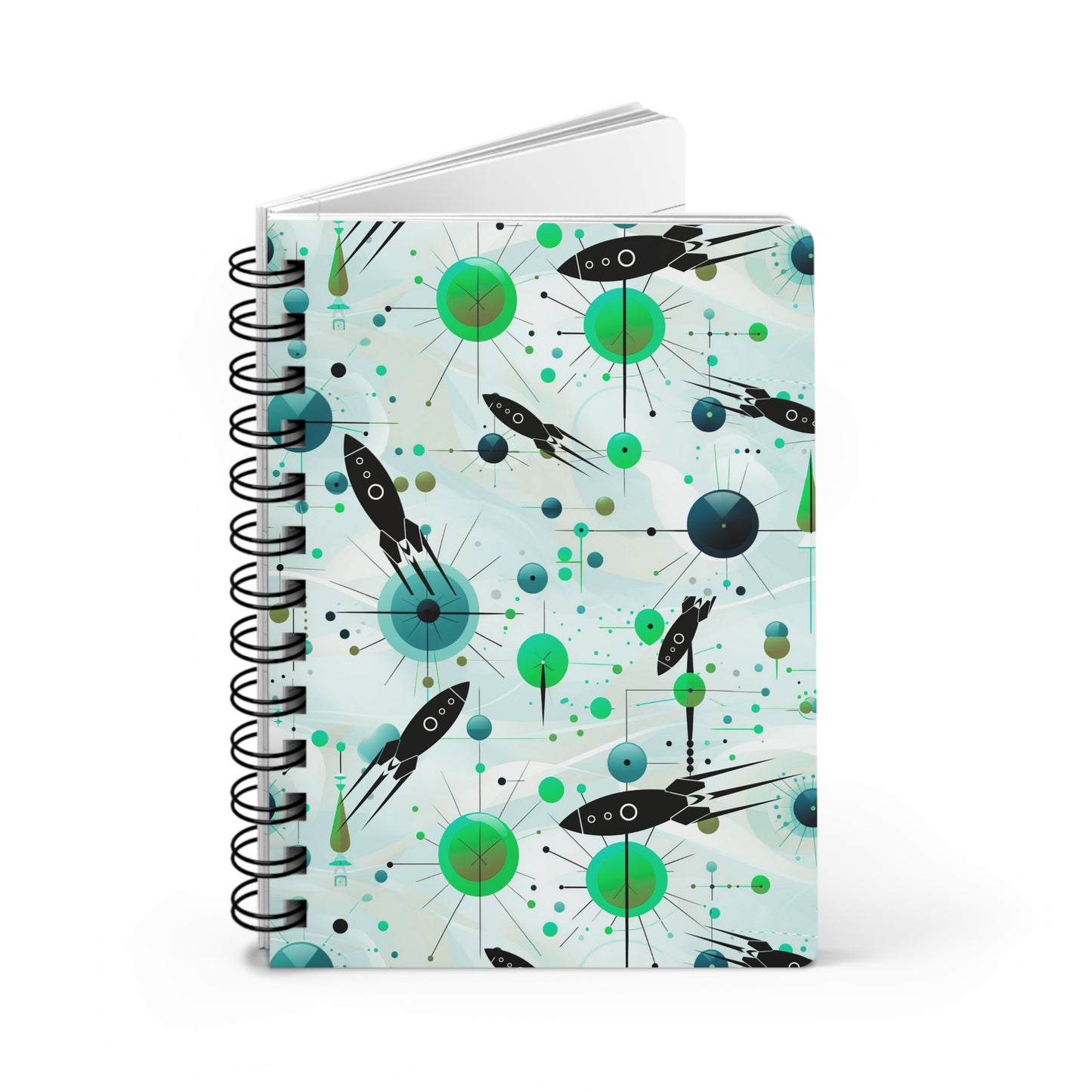 Rockets and Atomic Spheres Midcentury Modern Writing Inspiration Spiral Bound Journal