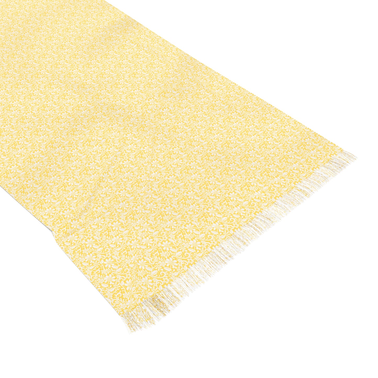 Yellow and White Antique Floral Lace Overly Fashion Light Scarf with Fringe