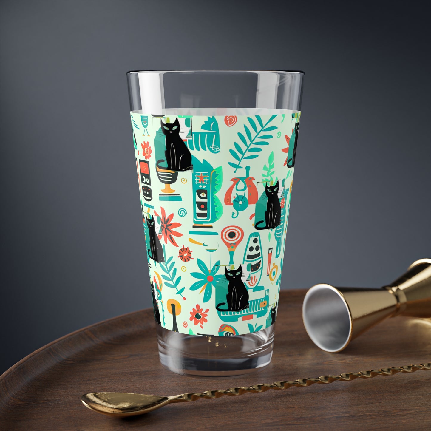 Kitty Flora and Fauna Midcentury Modern Kitchen Wallpaper Pattern Aqua Black 1950s House Cat Cocktail Party Mixing Glass, 16oz