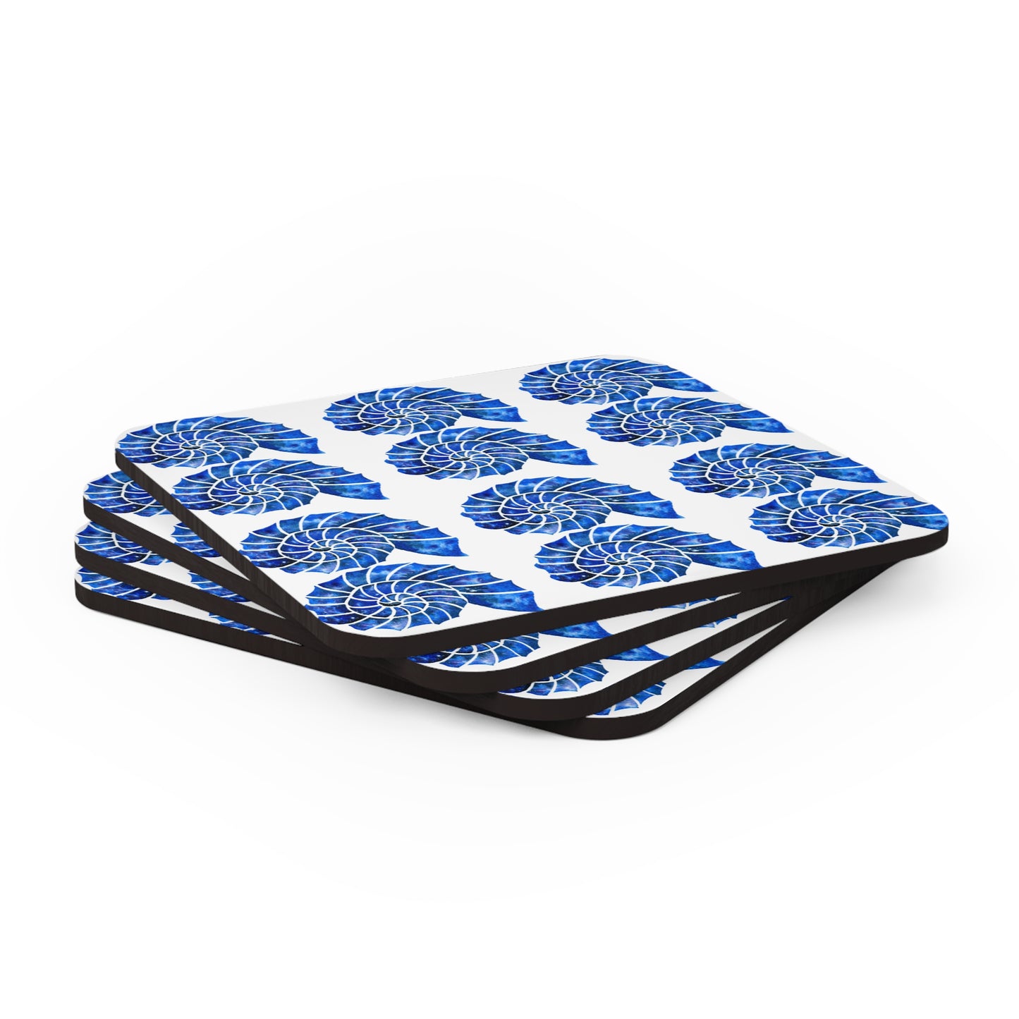 Blue and White Nautilus Shell Ocean Coastal Pattern Decorative Cocktail Party Beverage Entertaining Corkwood Coaster Set