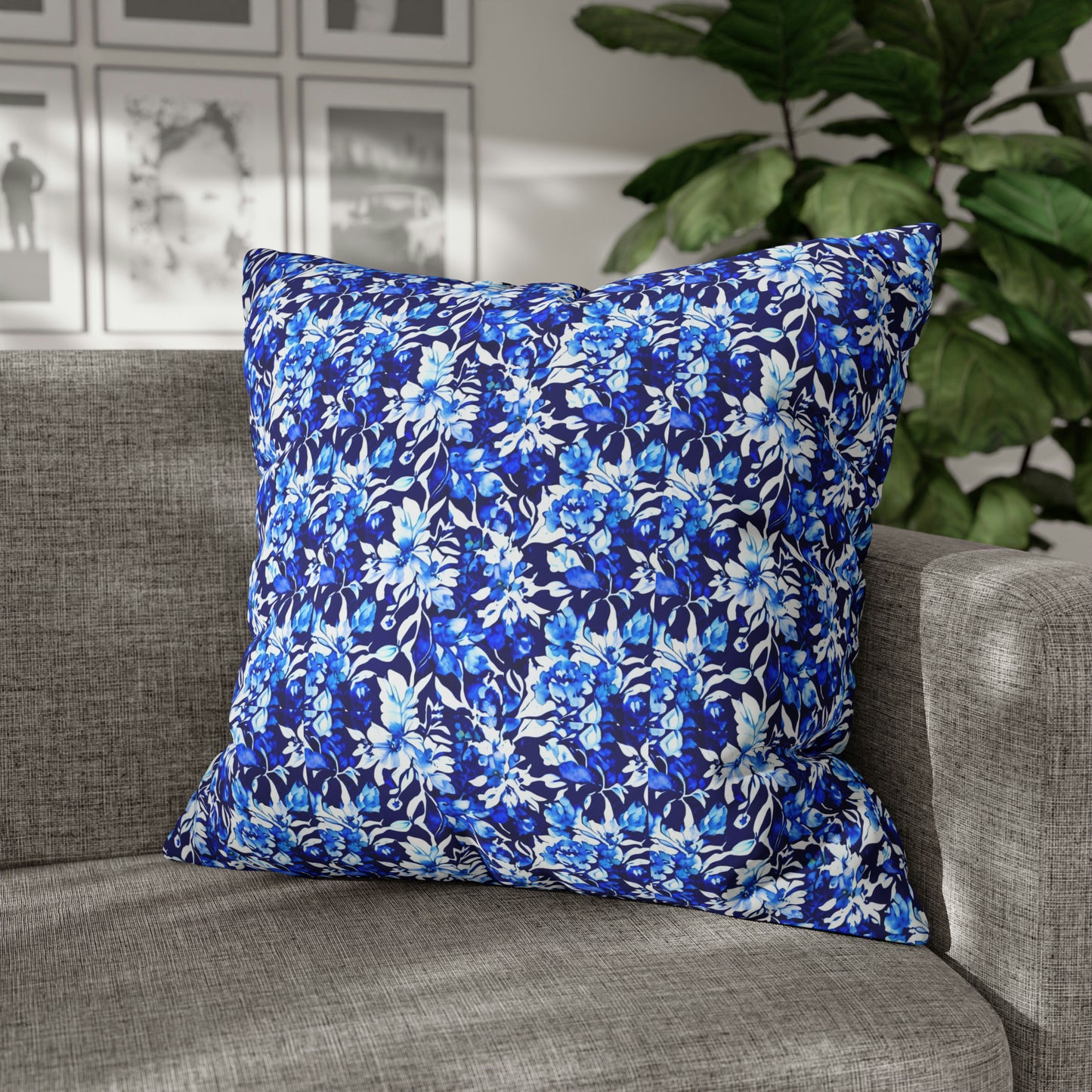 Blue Watercolor Dreams Flowers Decorative Spun Polyester Pillow Cover
