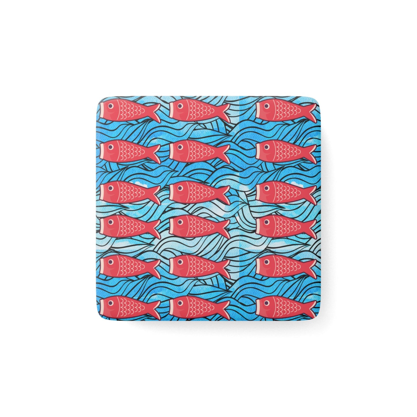 Koi Fish Waves Ocean Coastal Japanese Porcelain Magnet, Square