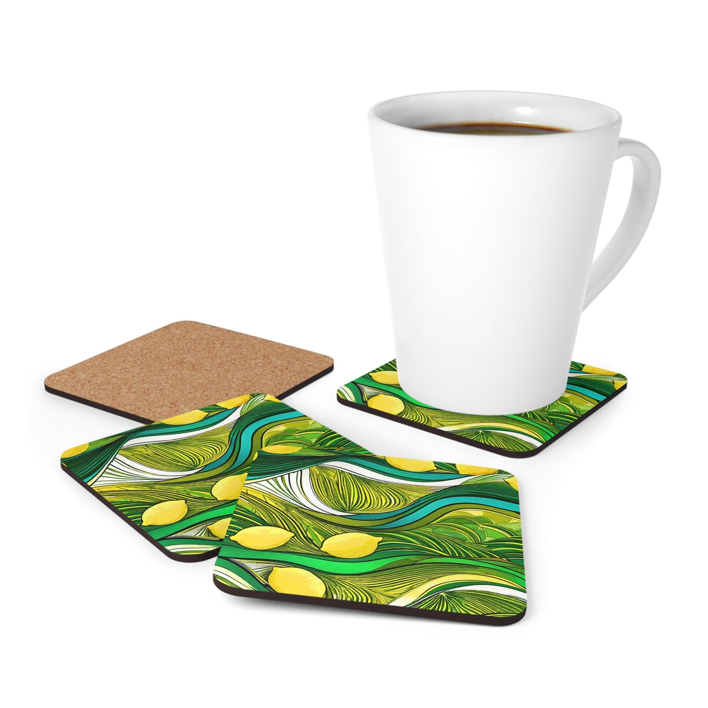 Modern Lemon Waves Beverage Cocktail Party Beverage Entertaining Corkwood Coaster Set