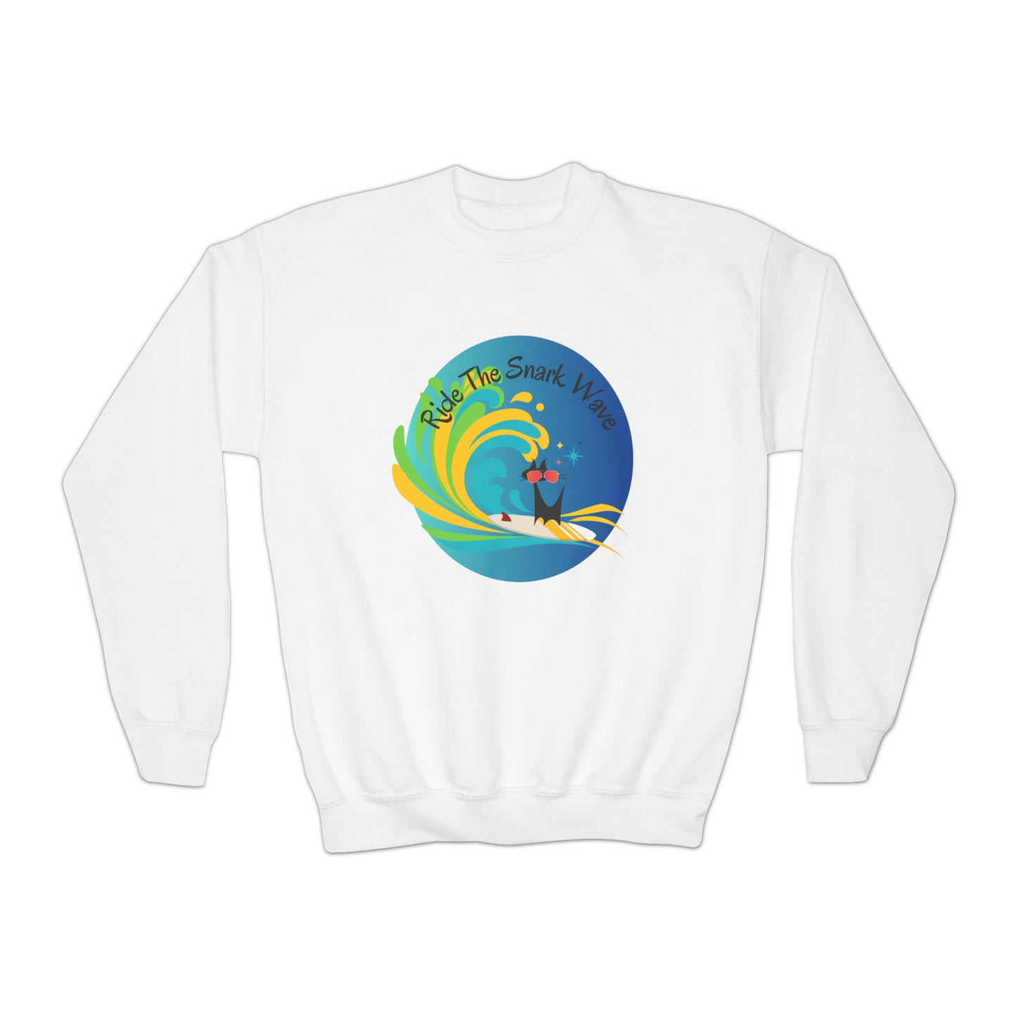 Ride the Snark Wave Surfing Ocean Waves Surfboard Hang Ten Summertime Youth Crewneck Sweatshirt