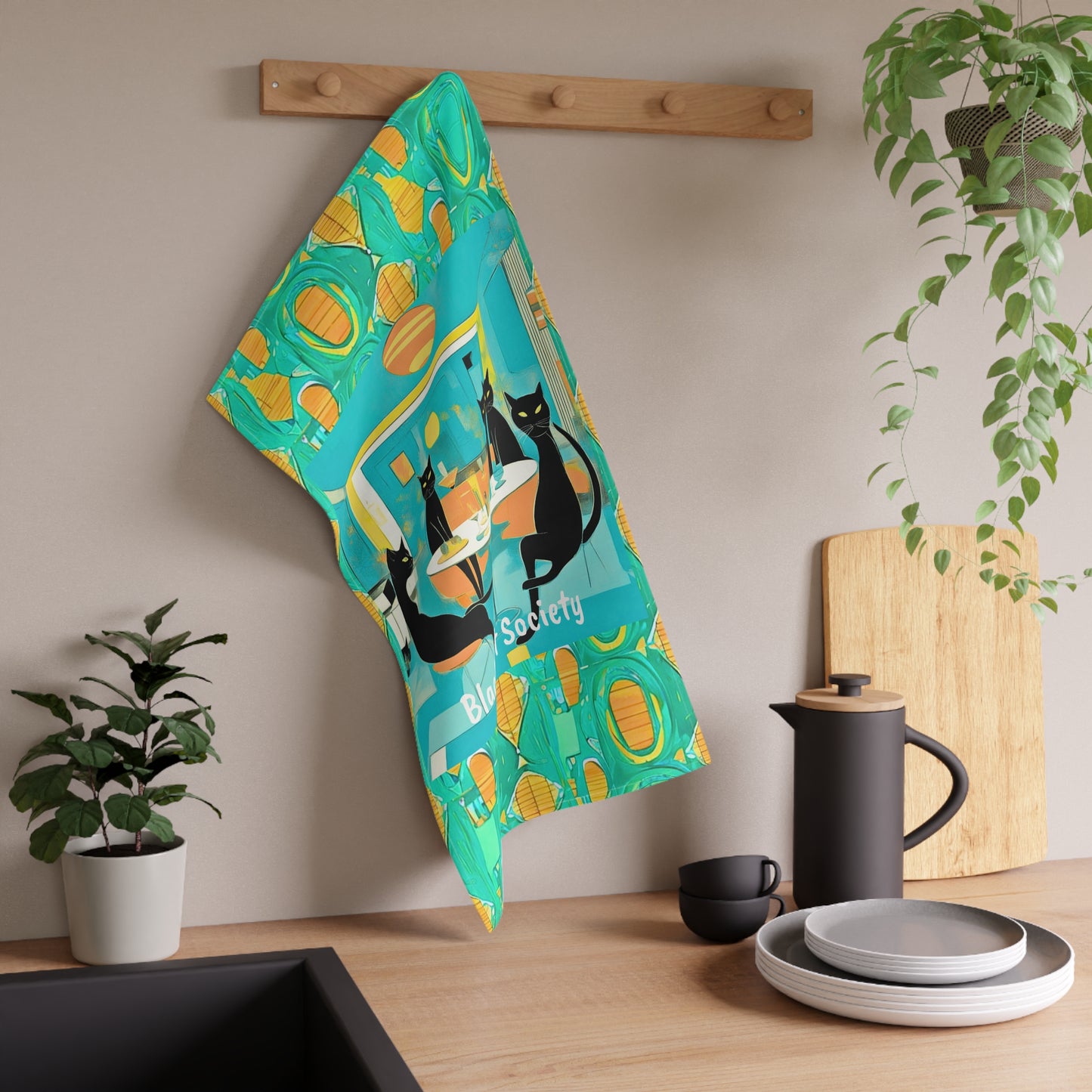 Black Cat Society Midcentury Modern Atomic Cat Cocktail Party Entertaining Decorative Kitchen Tea Towel/Bar Towel