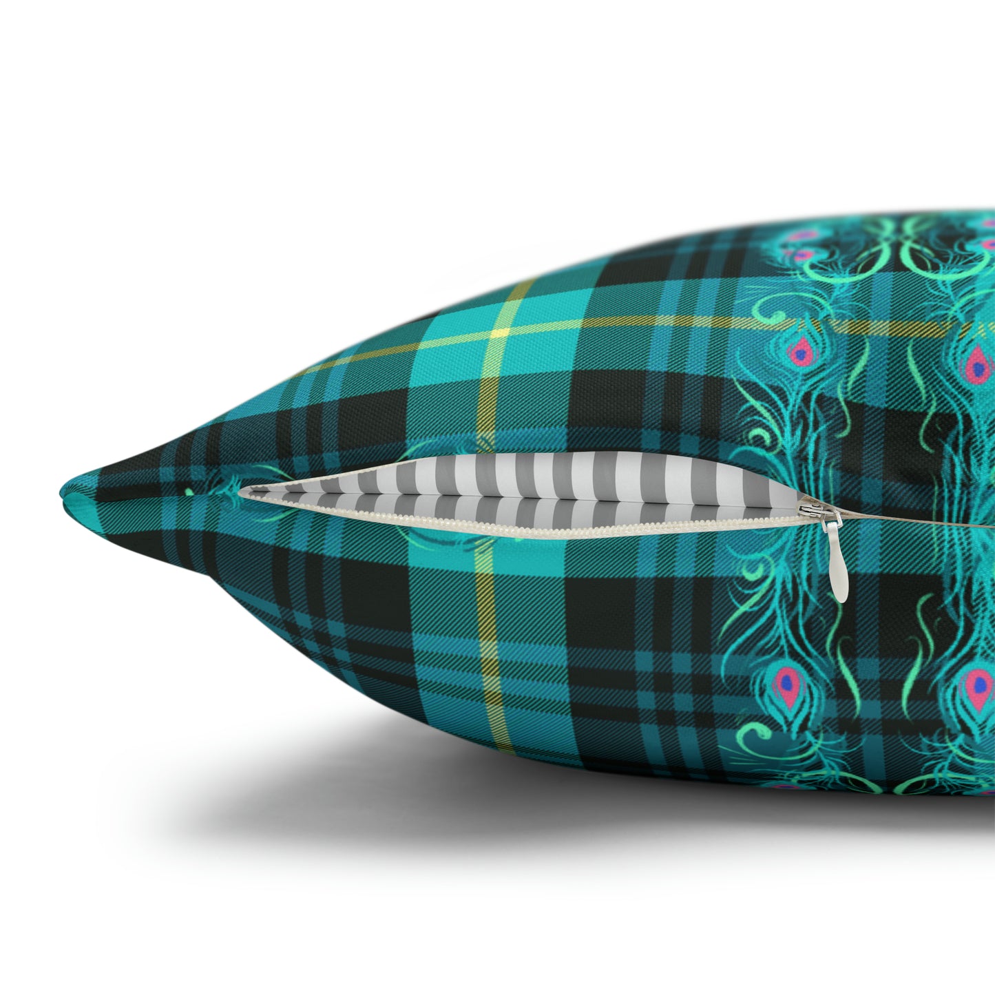 Tartan Plaid Peacock Feather Teal Greens Decorative Spun Polyester Pillow Cover