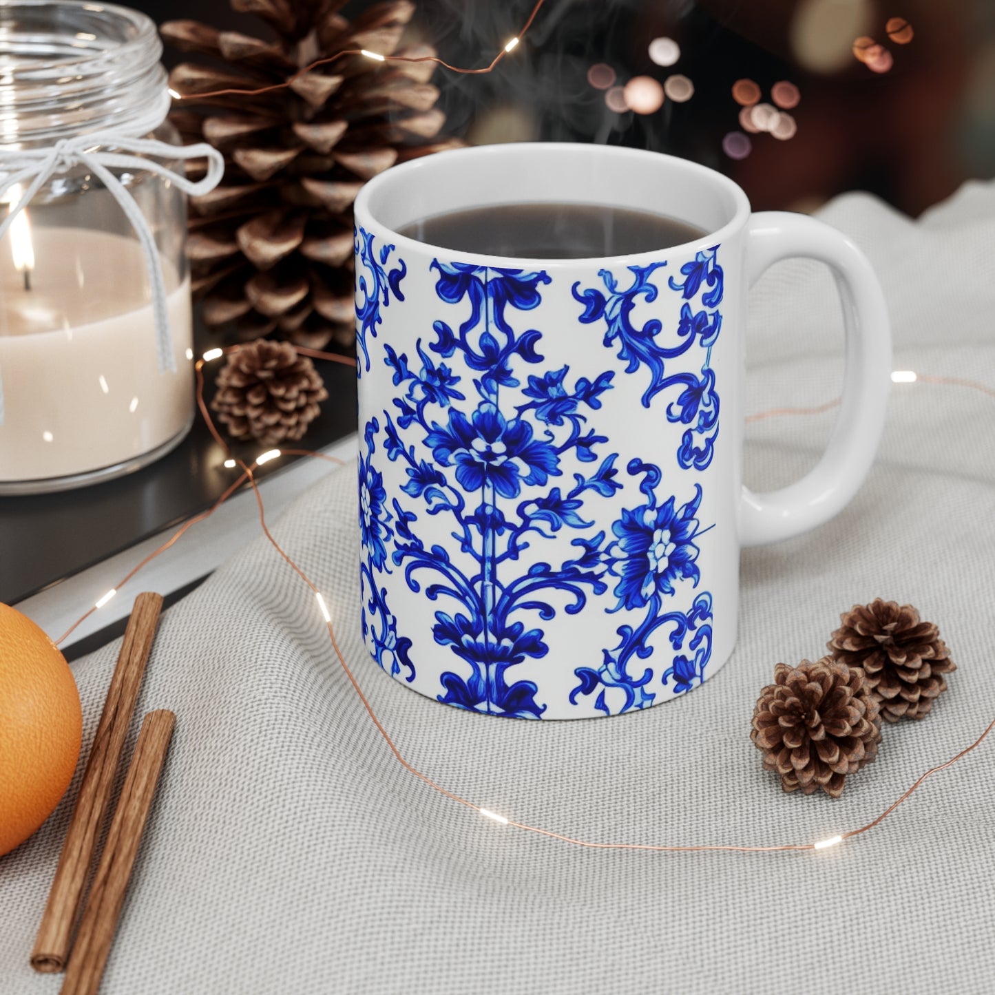Portuguese Blue and White Tile Pattern Hot Beverage Coffee Tea Decorative Ceramic Mug 11oz