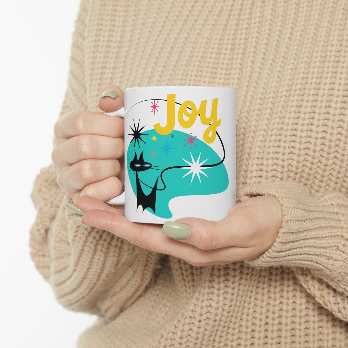 Joy Midcentury Modern Atomic Black Cat Hot Beverage Coffee Tea Decorative Ceramic Mug 11oz