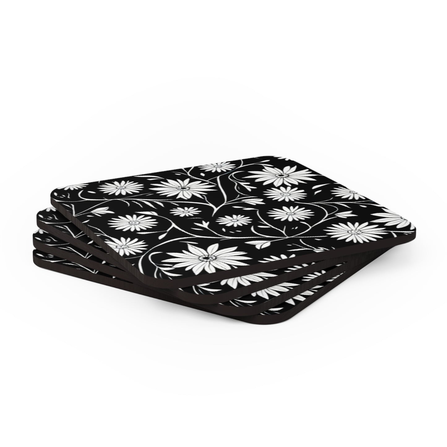 Field of Scandinavian Black and White Daisies 1970s Floral Pattern Cocktail Beverage Entertaining Corkwood Coaster Set