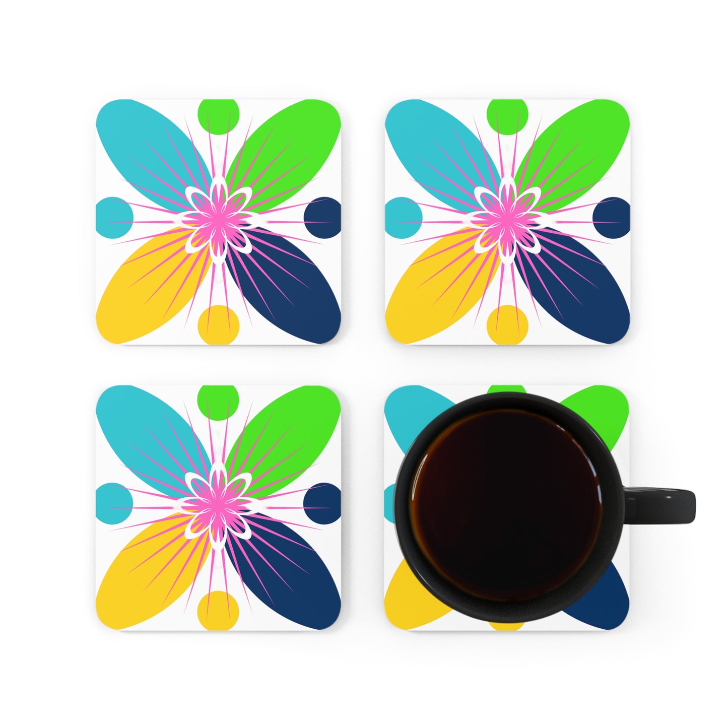 Atomic Star Petals Midcentury Modern Pattern Pink Cocktail Party Entertaining Corkwood Coaster Set
