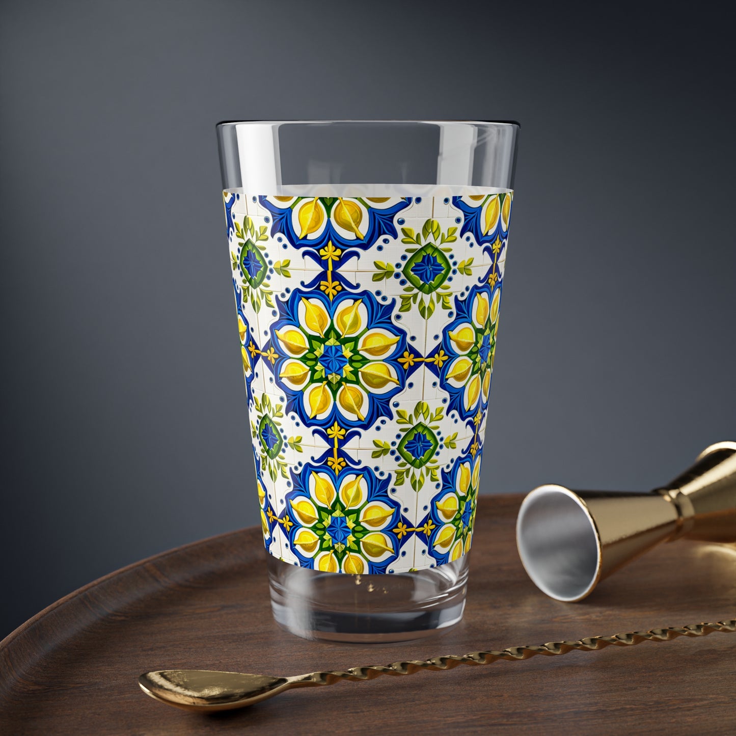 Island of Capri Limone Italian Durata Tile Pattern Cocktail Party Juice Beverage Entertaining Home Decor Mixing Glass, 16oz