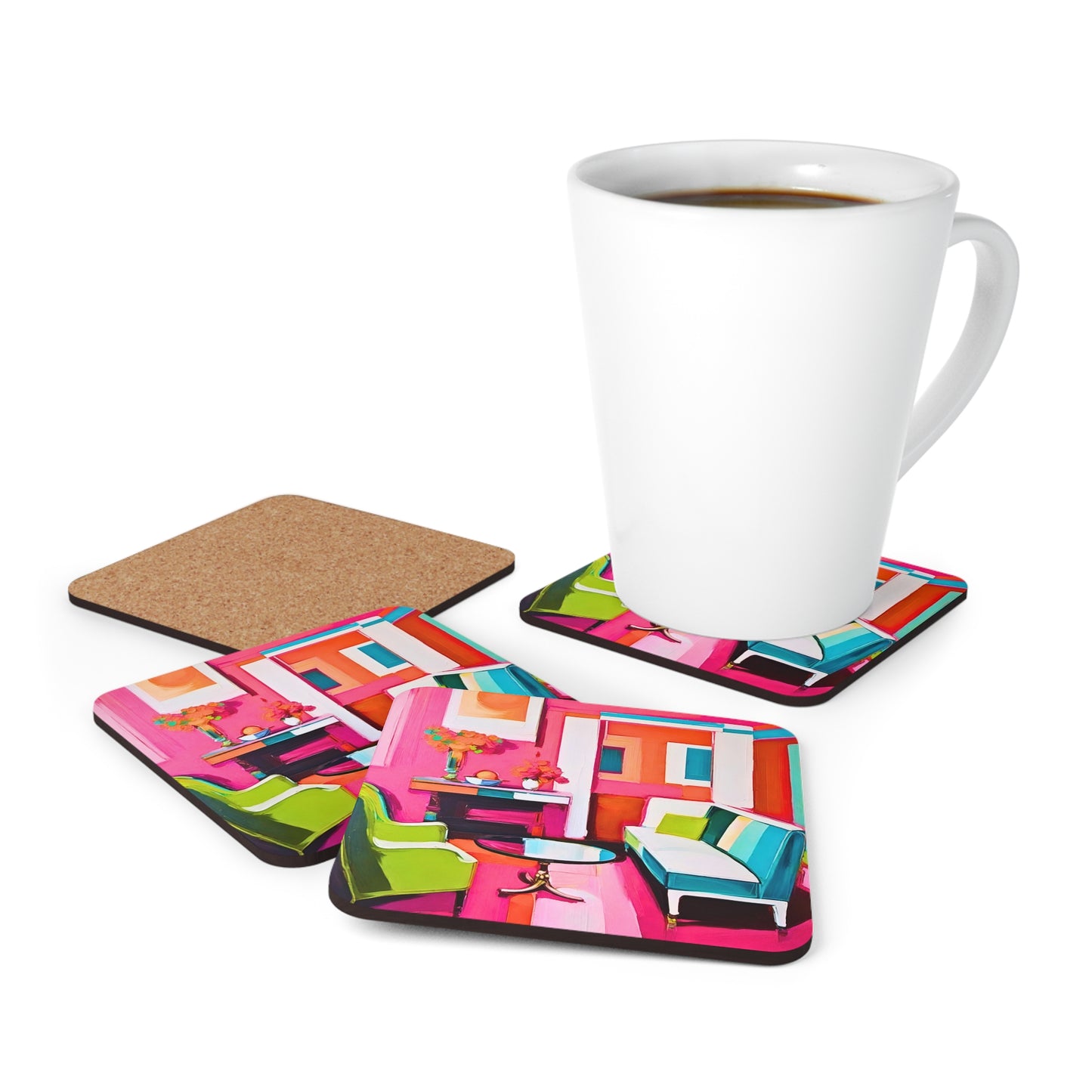 LA Casa Style California West Coast Hot Pink Interior Beverage Entertaining Home Decor Corkwood Coaster Set