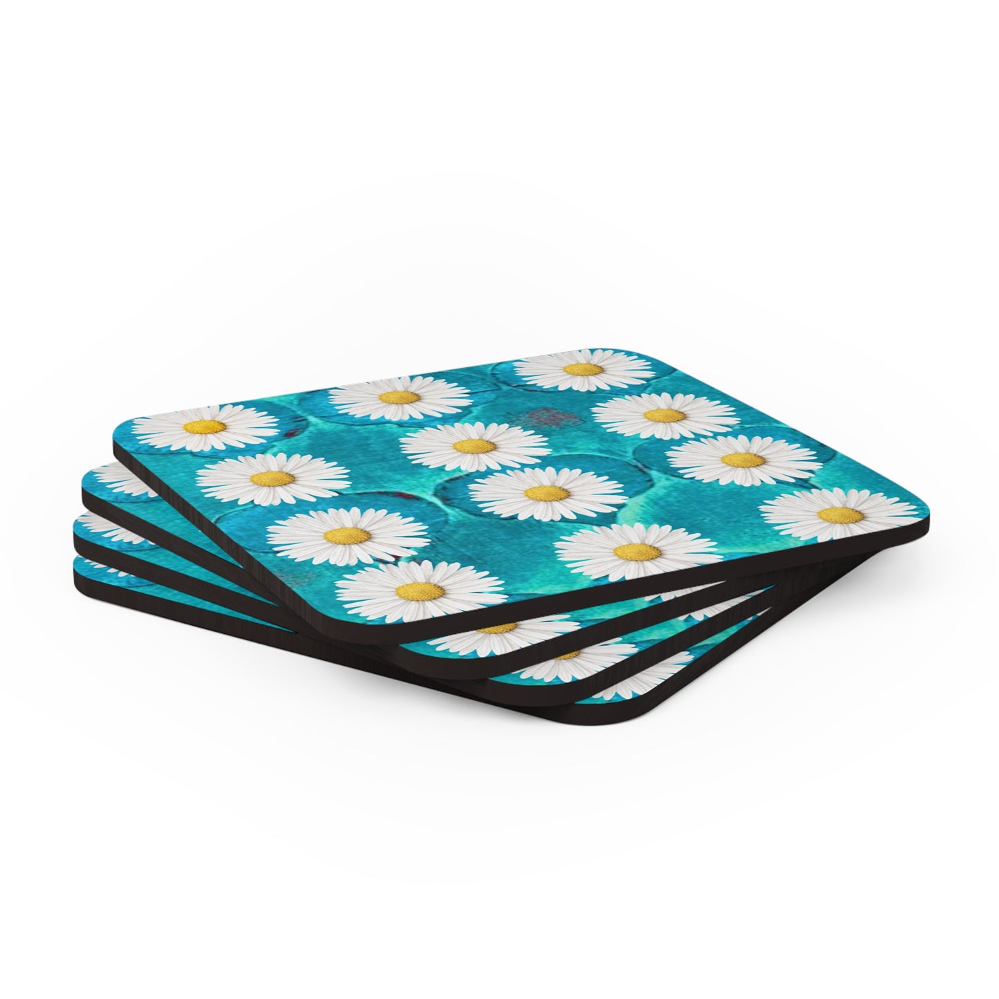 SageDaisy Living Logo Turquoise Arabesque Tile Pattern Cocktail Party Beverage Entertaining Corkwood Coaster Set
