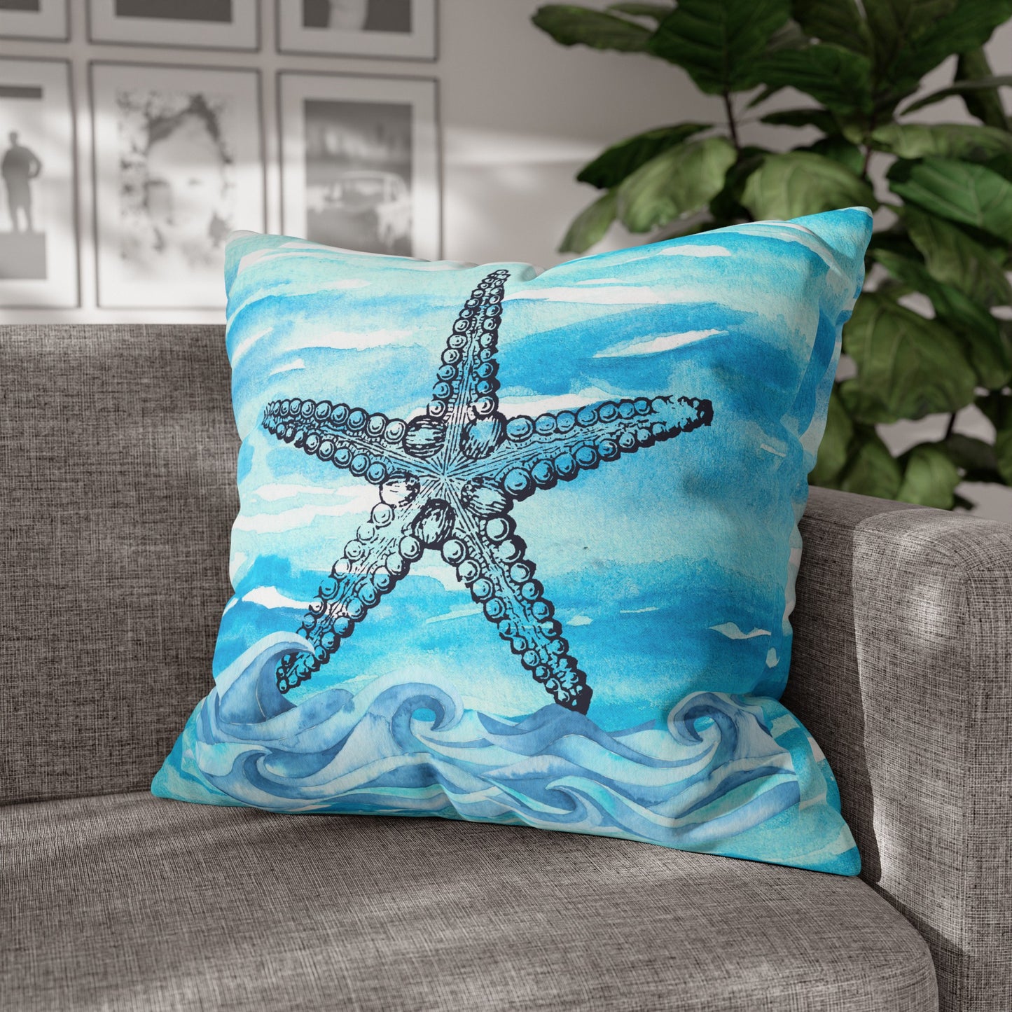 Coastal Summer Starfish Watercolor Square Poly Canvas Pillow Cover
