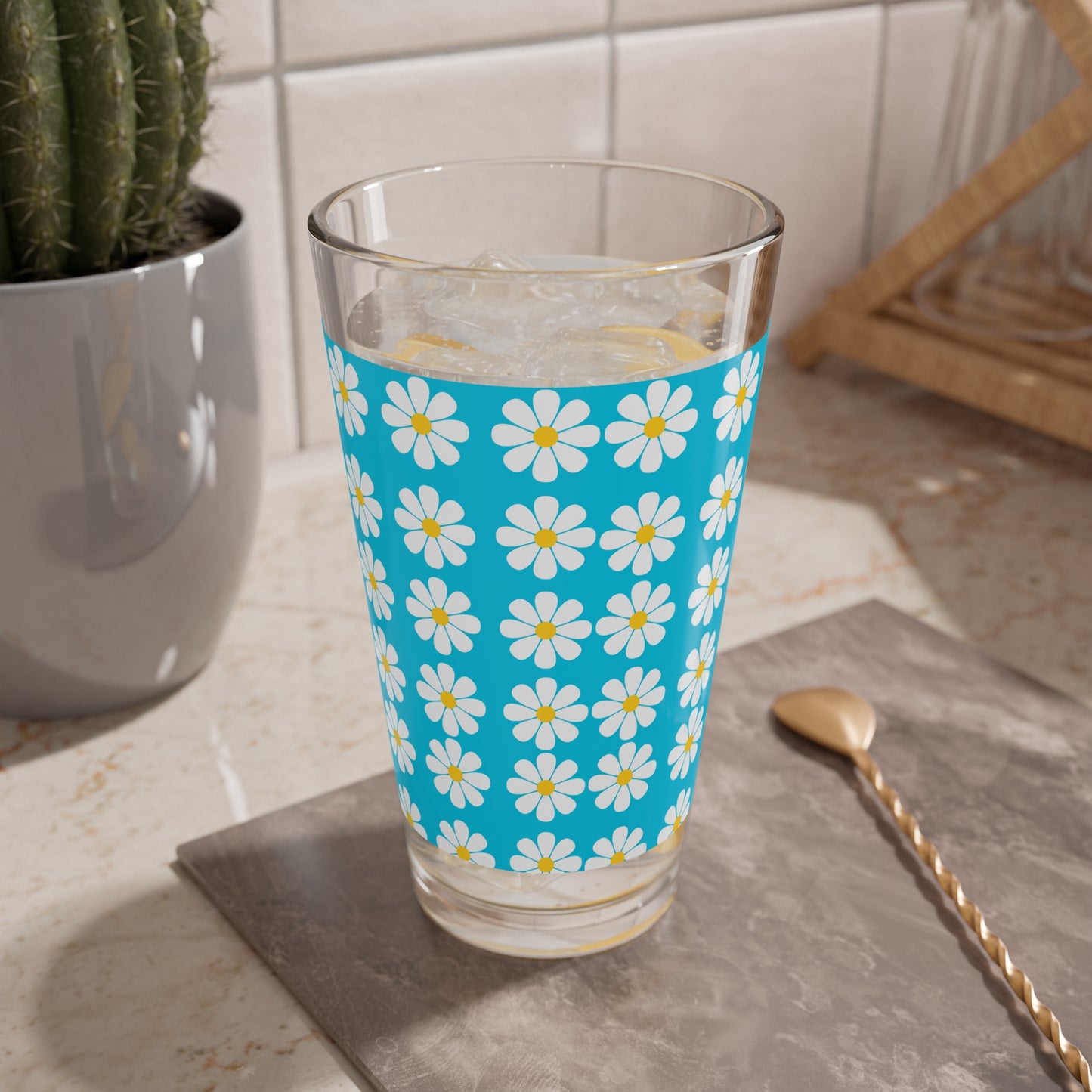 1968 Vintage Daisies Turquoise Cocktail Party Beverage Entertaining Mixing Glass, 16oz