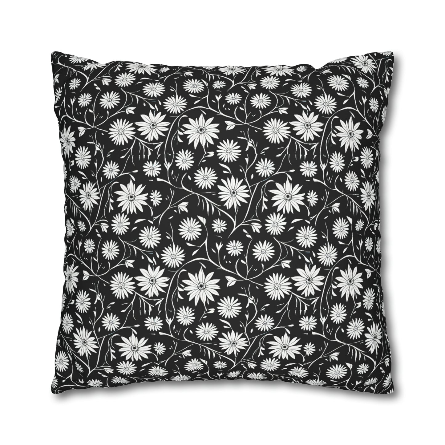 Field of Scandinavian Black and White Daisies 1970s Floral Pattern Decorative Spun Polyester Pillow Cover