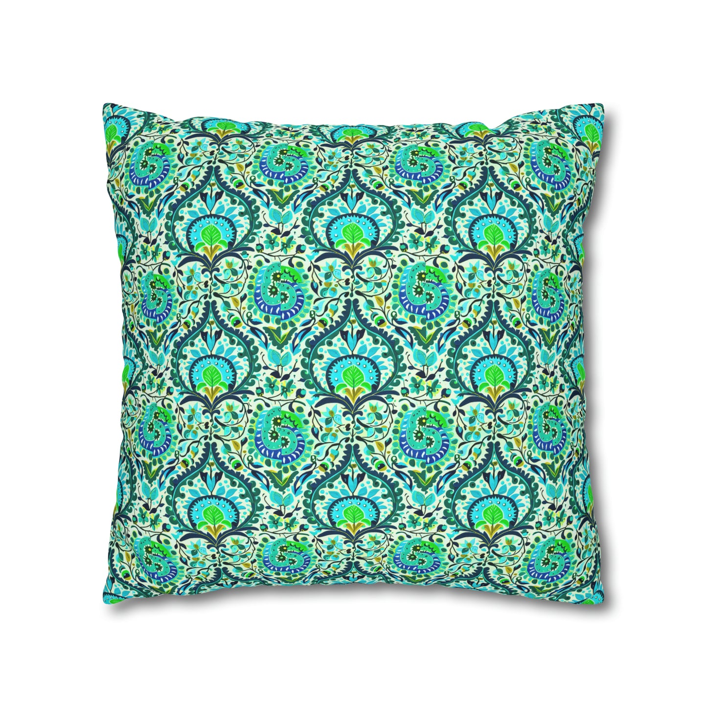 Suzani Tribal Pattern Blue and Green Bohemian Decorative Spun Polyester Pillow Cover
