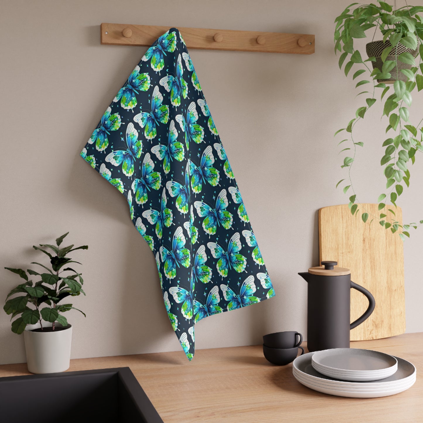 Twilight Awakening Blue Butterfly Watercolor Decorative Kitchen Tea Towel/Bar Towel