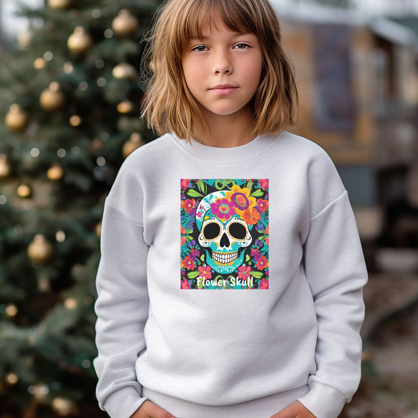 Day of the Dead Flower Skull Christmas Festive Dia de los Muertos Youth Crewneck Sweatshirt