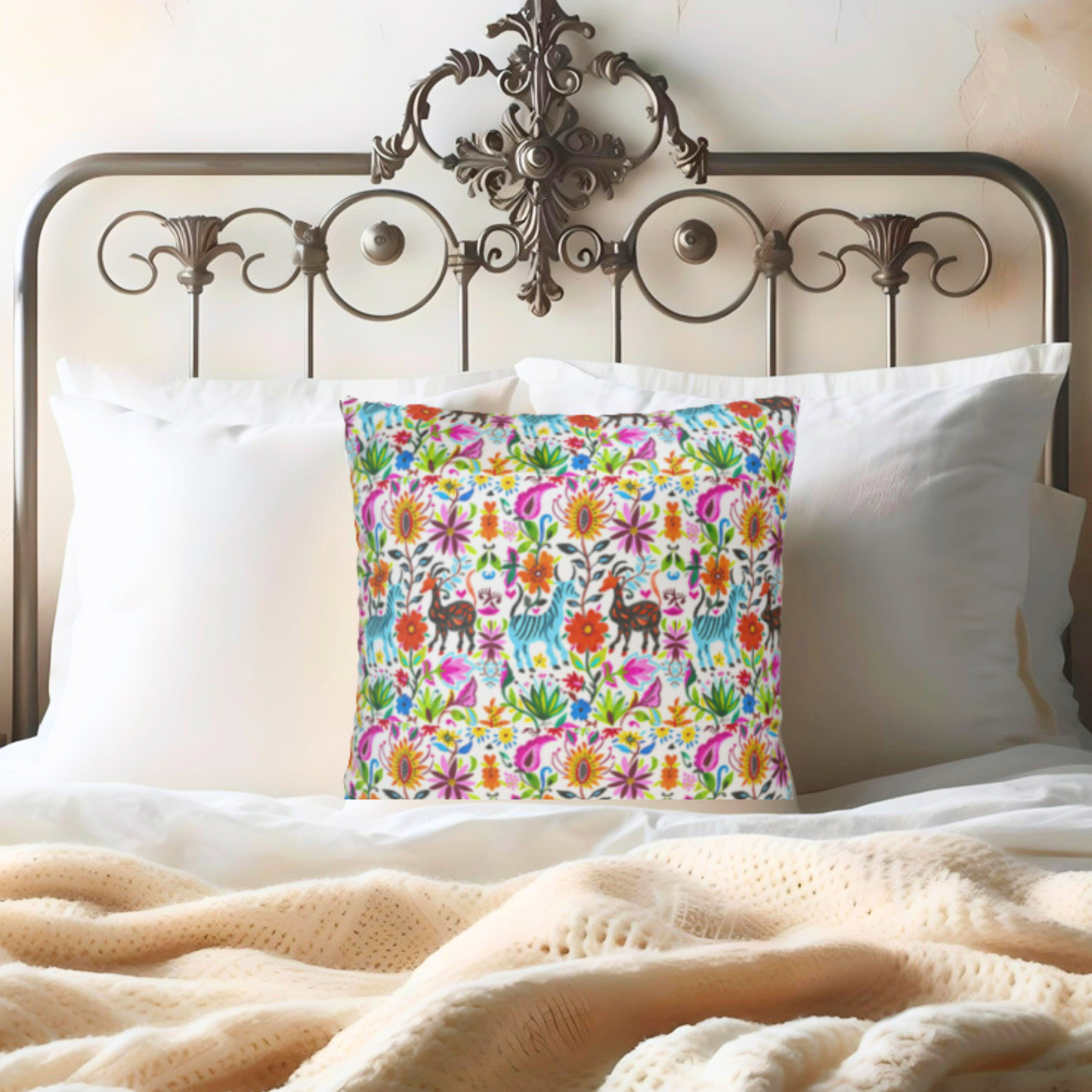 Otomi Festival of Springtime Folklore Floral Decorative Square Poly Canvas Pillow Cover